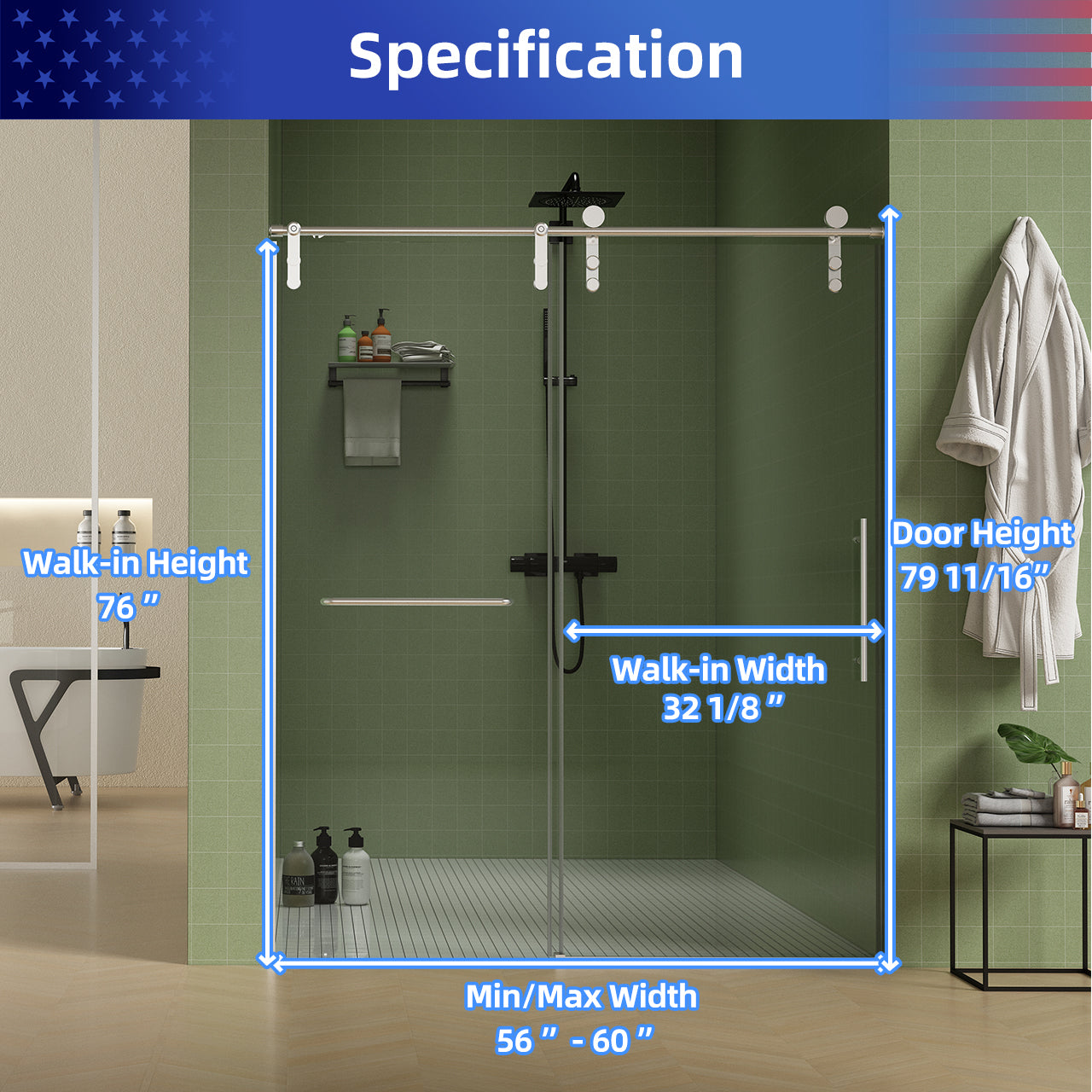 56-60 "W x 76 "H Frameless Sliding Shower Door with Premium 5/16" (8mm) Thick Tempered Glass Shower Enclosure with Towel Hanging Bar, Easy Clean Coating on Both Sides, Brushed Nickel Finish Textured Premium, Cushioned Design RX-SD23-6076
