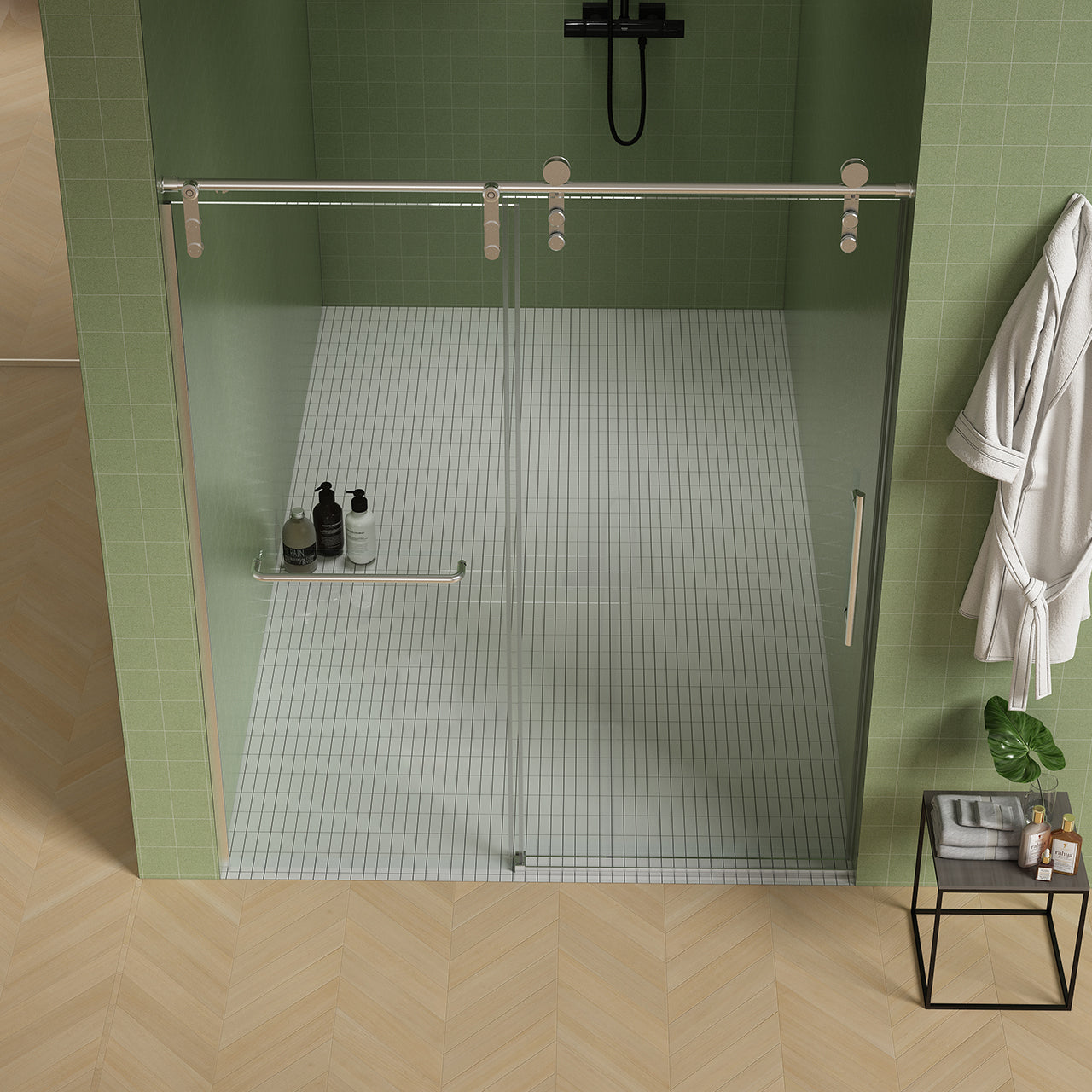 56-60 "W x 76 "H Frameless Sliding Shower Door with Premium 5/16" (8mm) Thick Tempered Glass Shower Enclosure with Towel Hanging Bar, Easy Clean Coating on Both Sides, Brushed Nickel Finish Textured Premium, Cushioned Design RX-SD23-6076