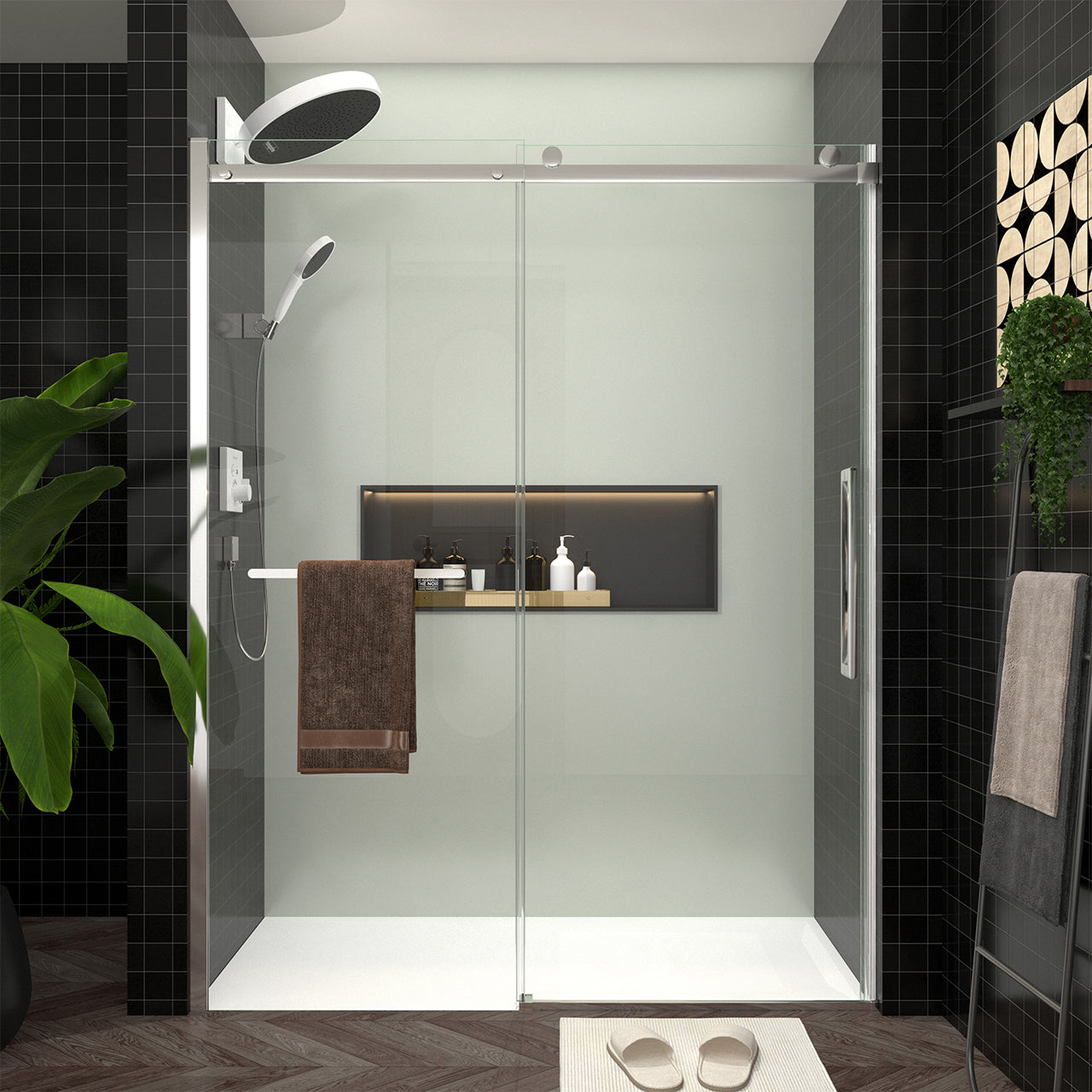 56-60 “W x 76 ‘H Frameless Glass Sliding Shower Door, 5/16’ Thick Tempered Glass, Easy Clean Coating RX-SD24-6076