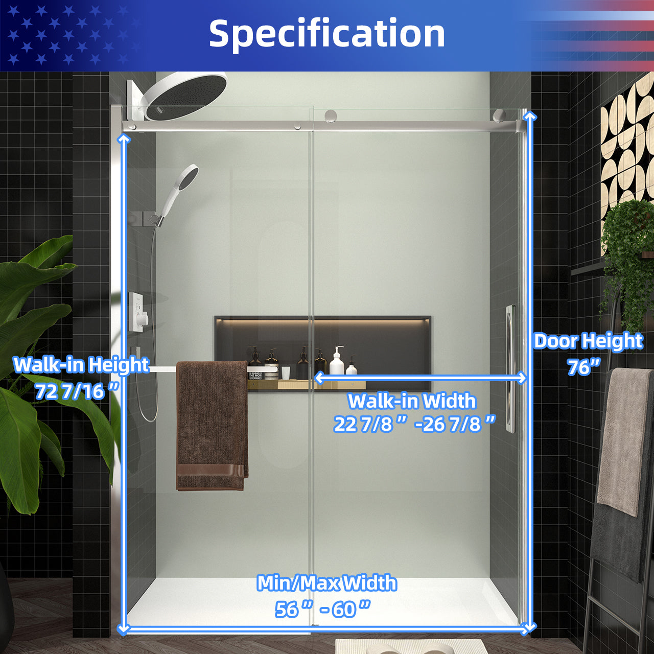 56-60 “W x 76 ‘H Frameless Glass Sliding Shower Door, 5/16’ Thick Tempered Glass, Easy Clean Coating RX-SD24-6076