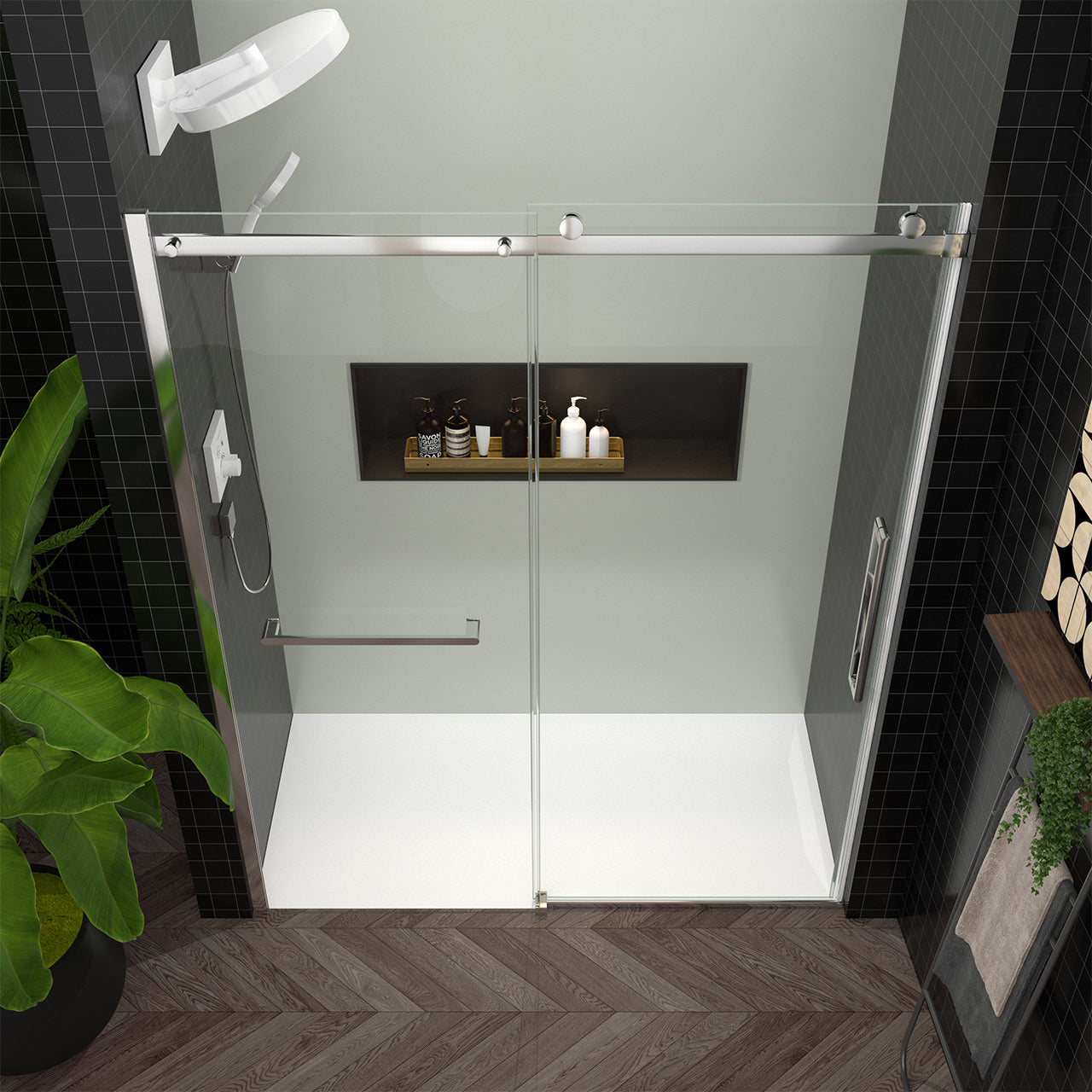 56-60 “W x 76 ‘H Frameless Glass Sliding Shower Door, 5/16’ Thick Tempered Glass, Easy Clean Coating RX-SD24-6076