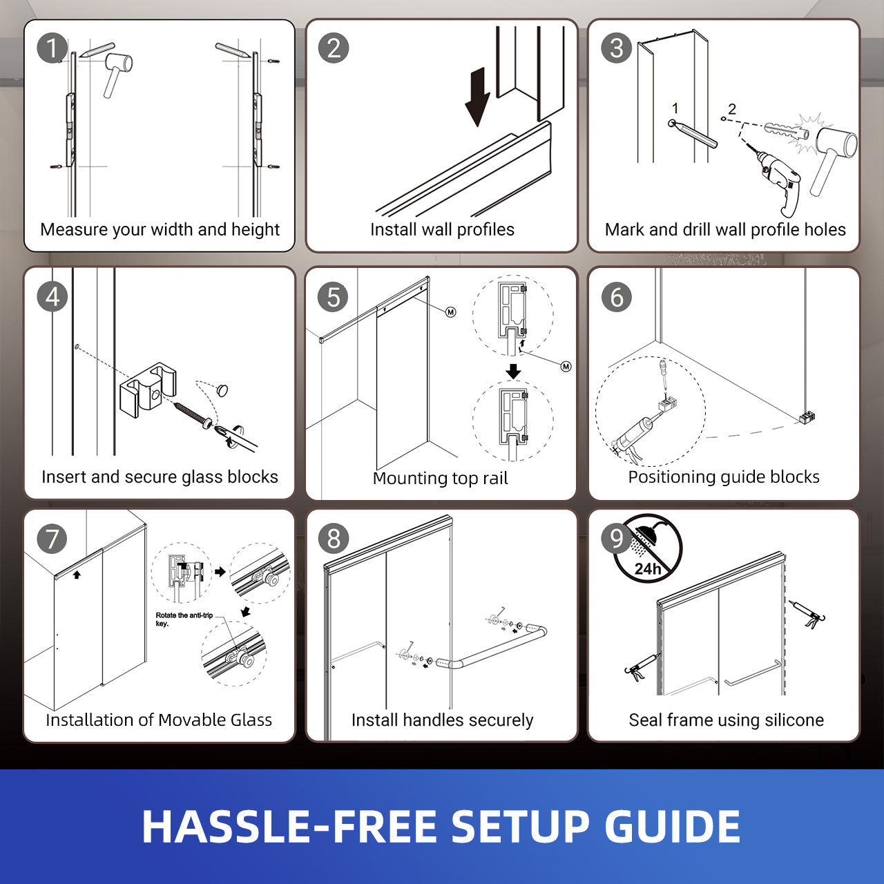56-60 “W x 76 ‘H Frameless Glass Sliding Shower Door, 5/16’ Thick Tempered Glass, Easy Clean Coating RX-SD24-6076