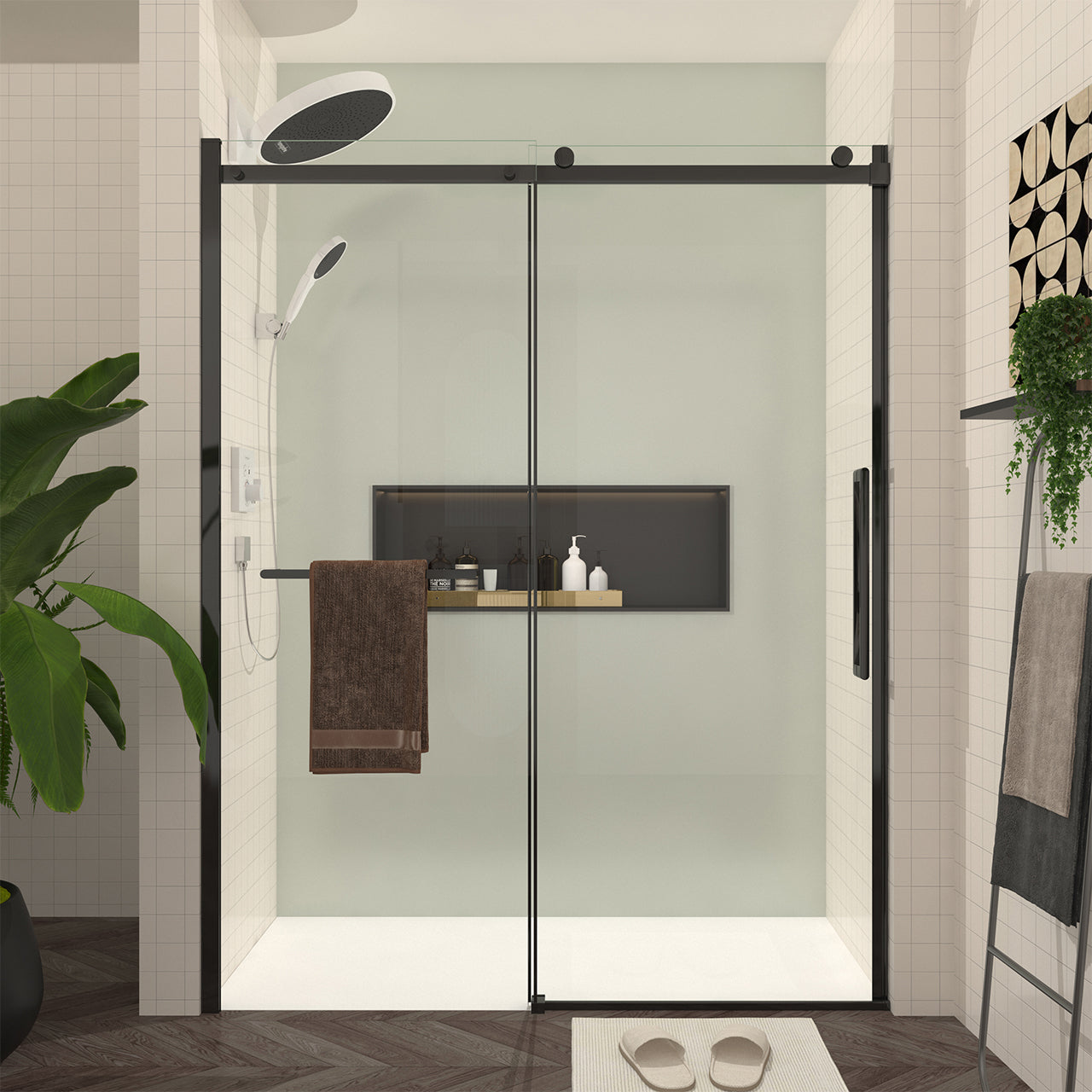 56-60 “W x 76 ‘H Frameless Glass Sliding Shower Door, 5/16’ Thick Tempered Glass, Easy Clean Coating RX-SD24-6076