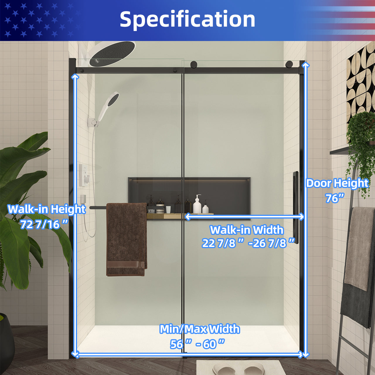56-60 “W x 76 ‘H Frameless Glass Sliding Shower Door, 5/16’ Thick Tempered Glass, Easy Clean Coating RX-SD24-6076