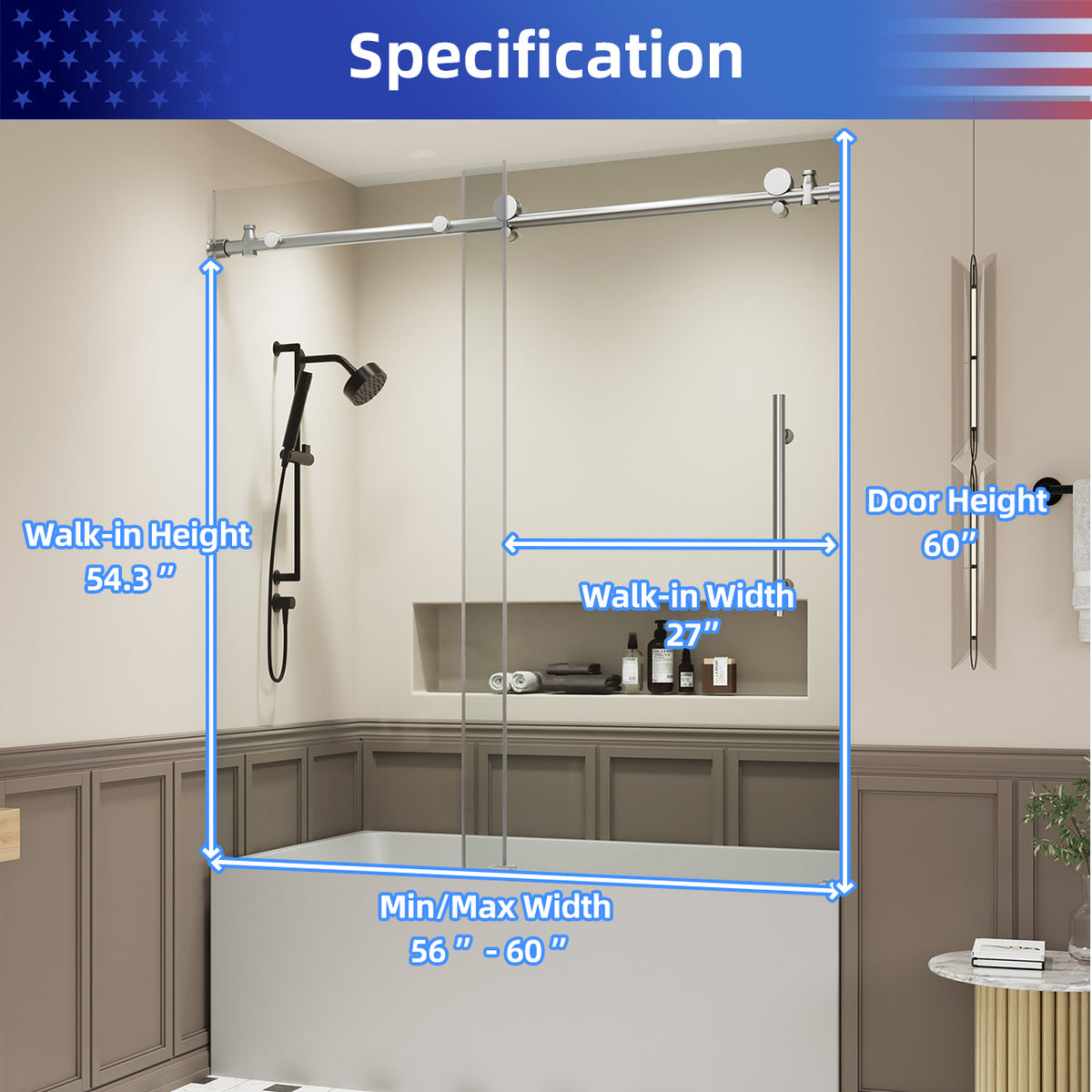 RAINLEX 56-60" W x 60" H Frameless Sliding Shower Door in Stainless Steel