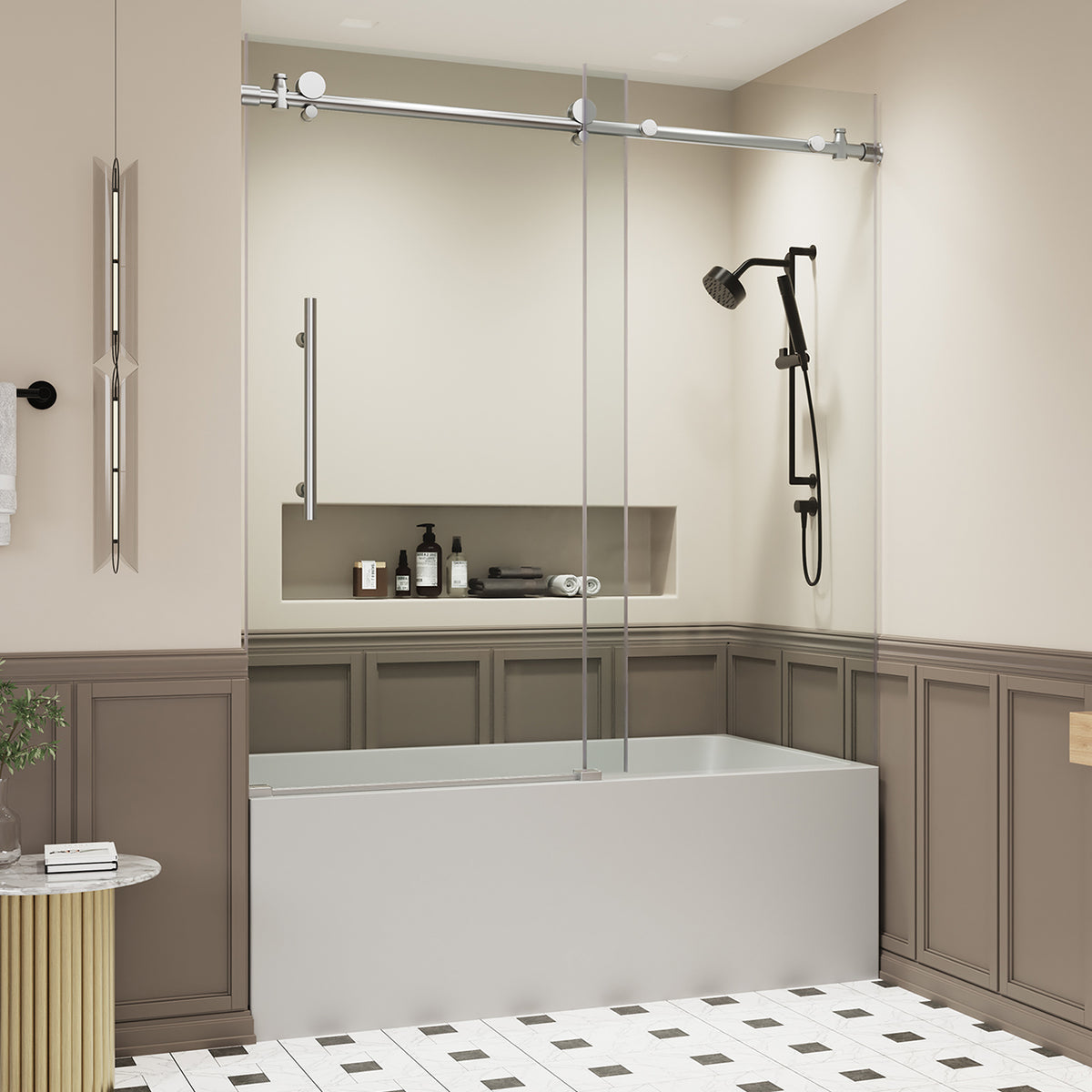 RAINLEX 56-60" W x 60" H Frameless Sliding Shower Door in Stainless Steel