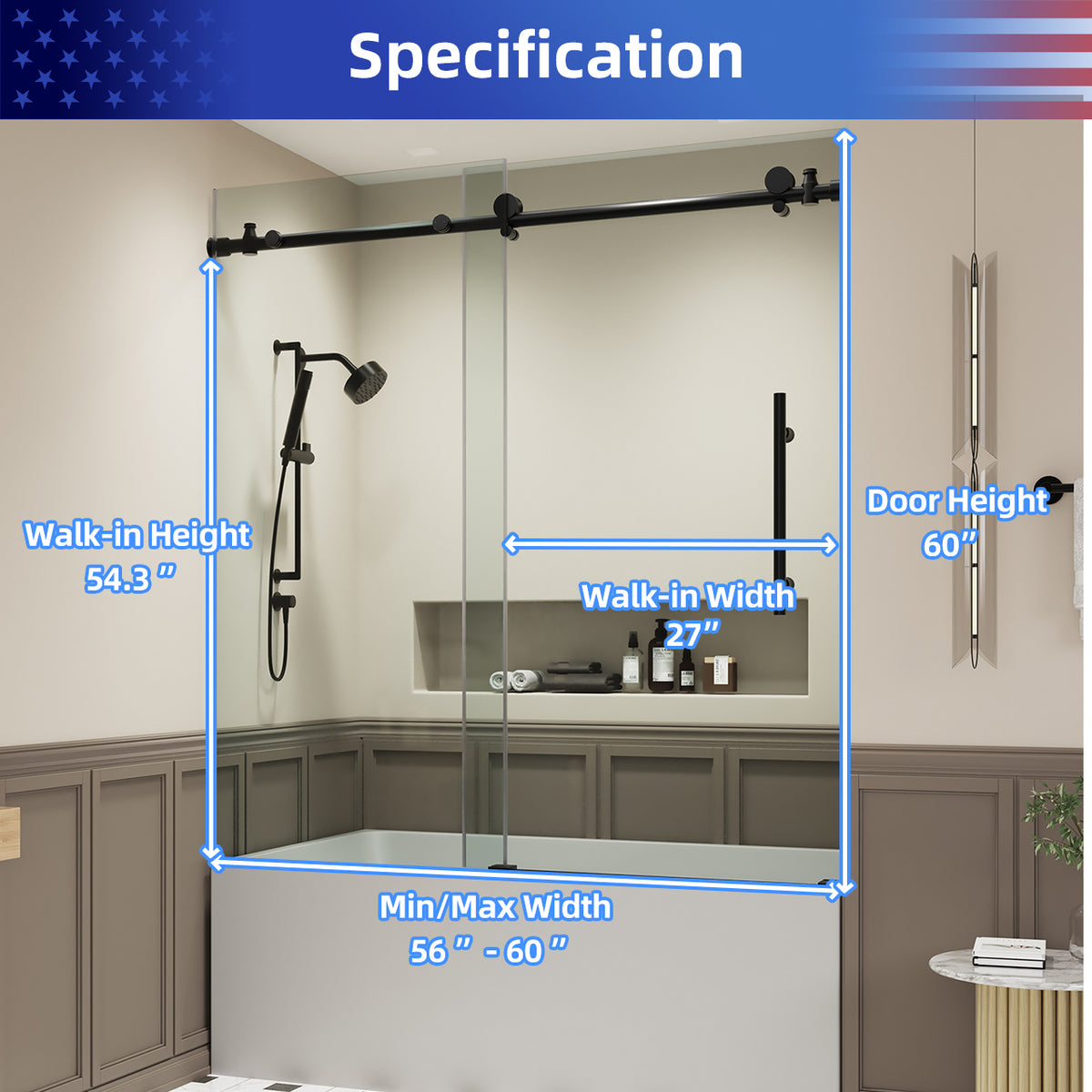 RAINLEX 56-60" W x 60" H Frameless Sliding Shower Door in Stainless Steel