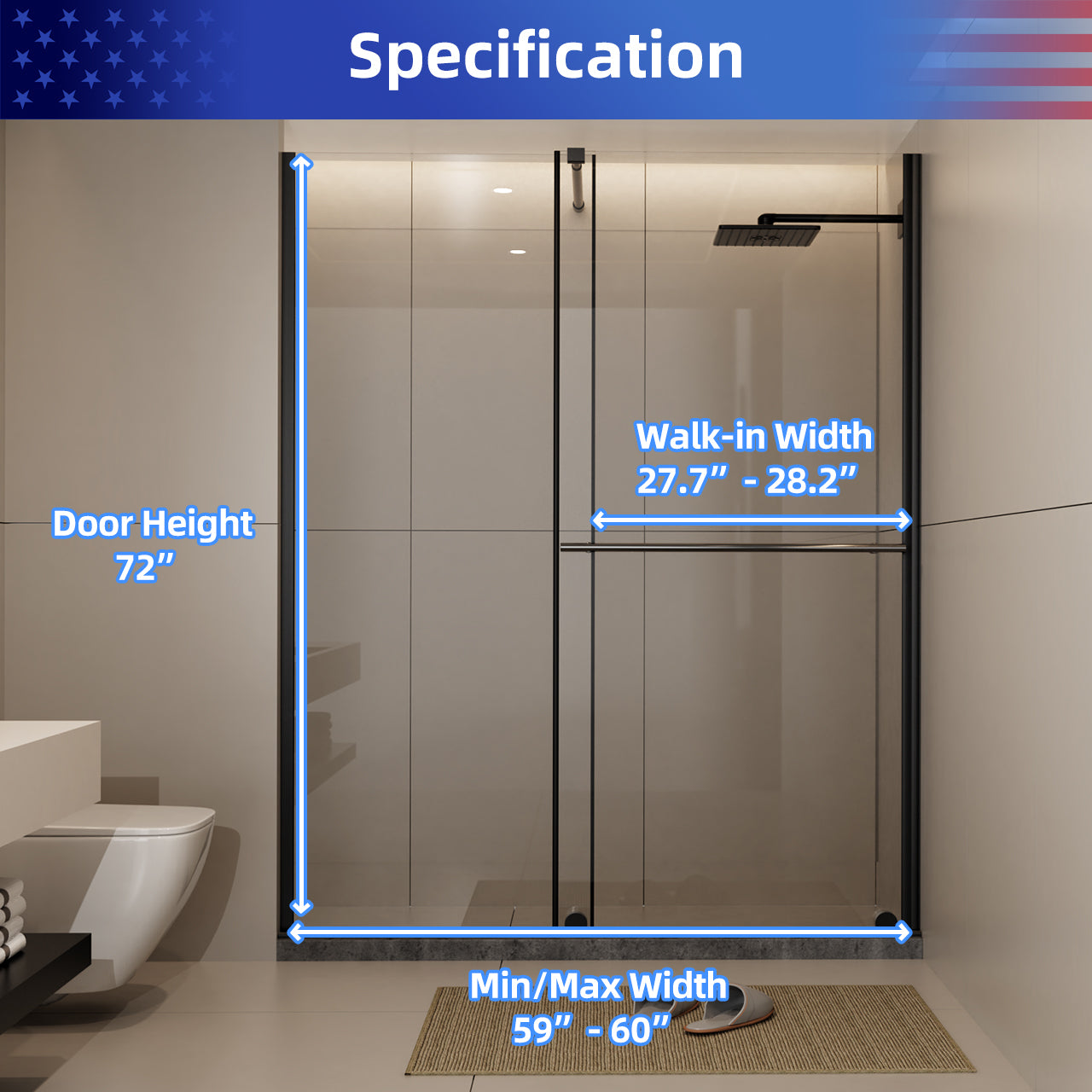 Glass Shower Door, 30 - 60 in.W x 72 in.H Shower Sliding Door Walk-in Shower Screen Dual Usage,1/4 Inch Thick Glass Panel with Stainless Steel Handle, Supporting Bar, Black RX-SD27-6072MB