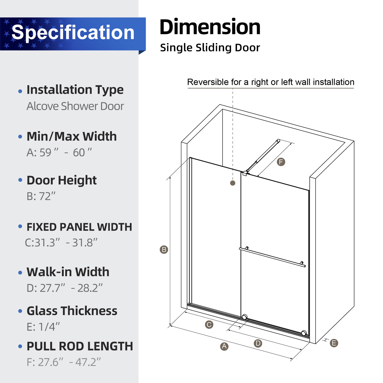 Glass Shower Door, 30 - 60 in.W x 72 in.H Shower Sliding Door Walk-in Shower Screen Dual Usage,1/4 Inch Thick Glass Panel with Stainless Steel Handle, Supporting Bar, Black RX-SD27-6072MB