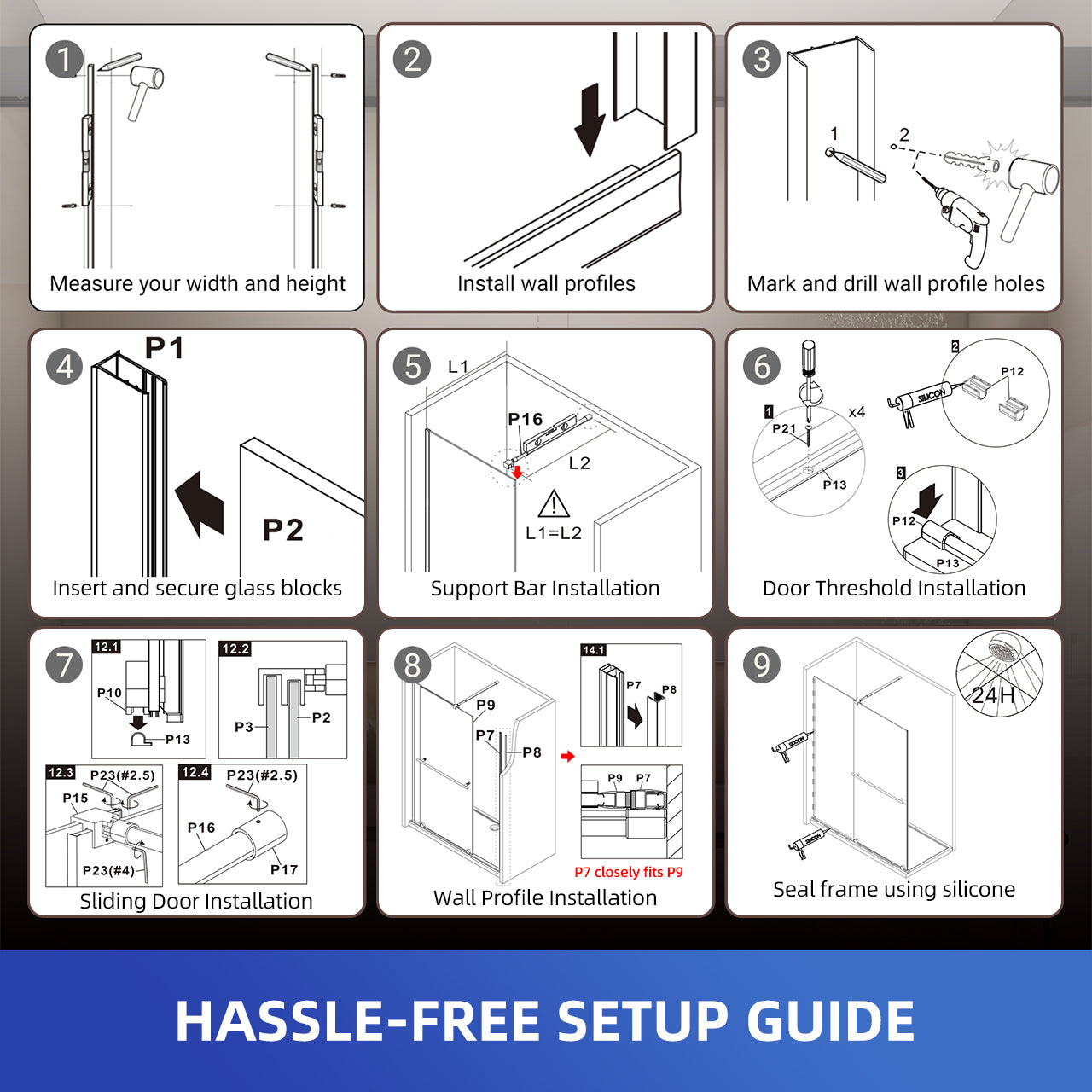 Glass Shower Door, 30 - 60 in.W x 72 in.H Shower Sliding Door Walk-in Shower Screen Dual Usage,1/4 Inch Thick Glass Panel with Stainless Steel Handle, Supporting Bar, Black RX-SD27-6072MB