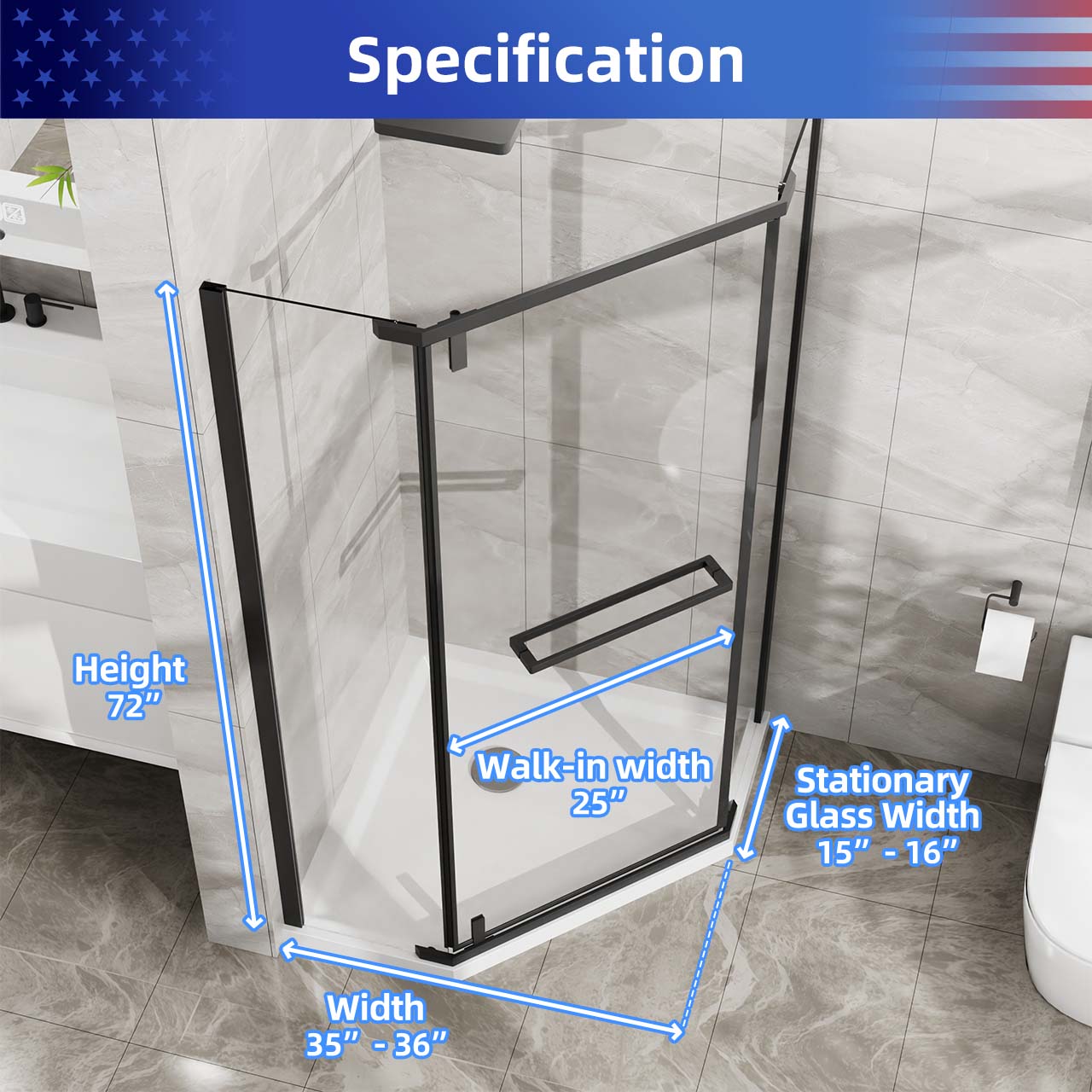 Rainlex 36" x 36" x 72" Neo-Angle Frameless Shower Enclosure, Clear Tempered Glass