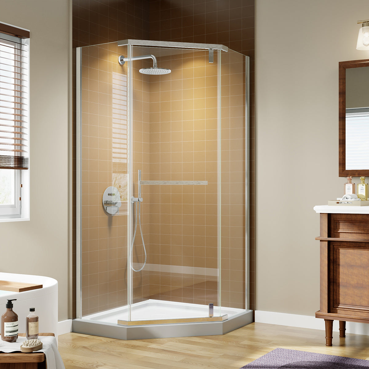 RAINLEX 36 in. x 72 in. Neo-Angle Pivot Frameless Shower Door
