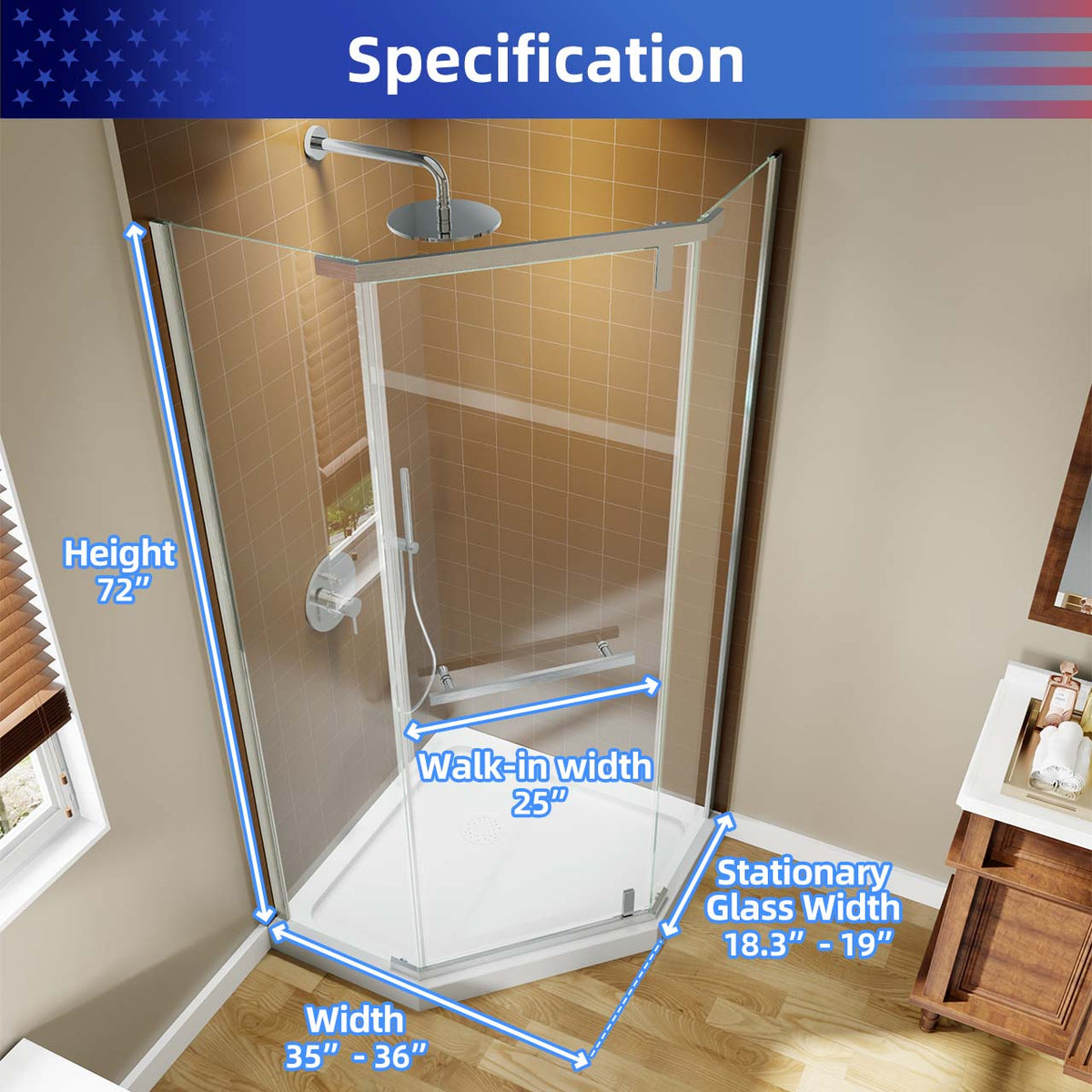 RAINLEX 36 in. x 72 in. Neo-Angle Pivot Frameless Shower Door