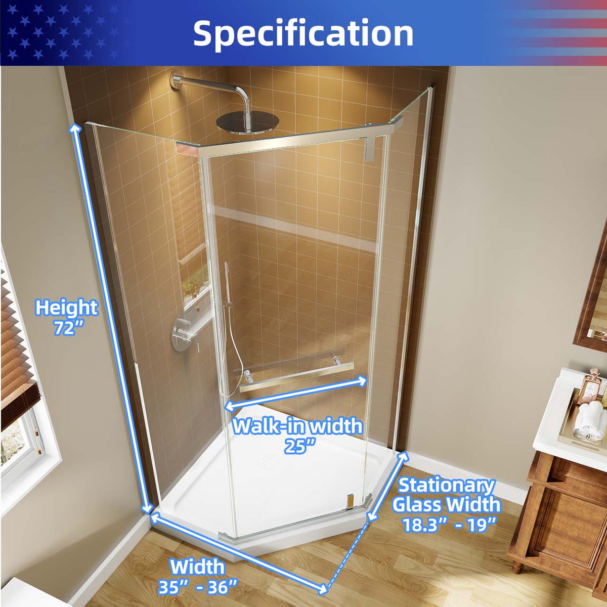 RAINLEX 36 in. x 72 in. Neo-Angle Pivot Frameless Shower Door