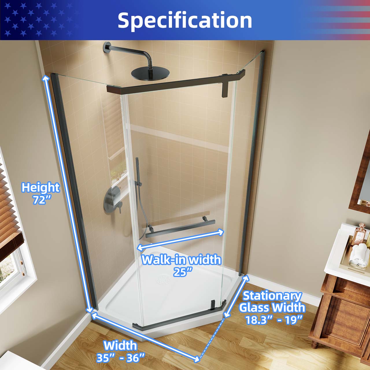 Rainlex 36" x 72" Neo-Angle Pivot Frameless Shower Door, Clear Tempered Glass