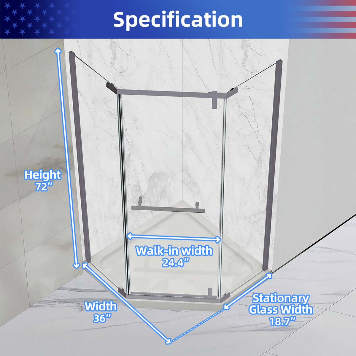 Rainlex 36" x 72" Pivot Frameless Shower Door, 6mm Tempered Glass