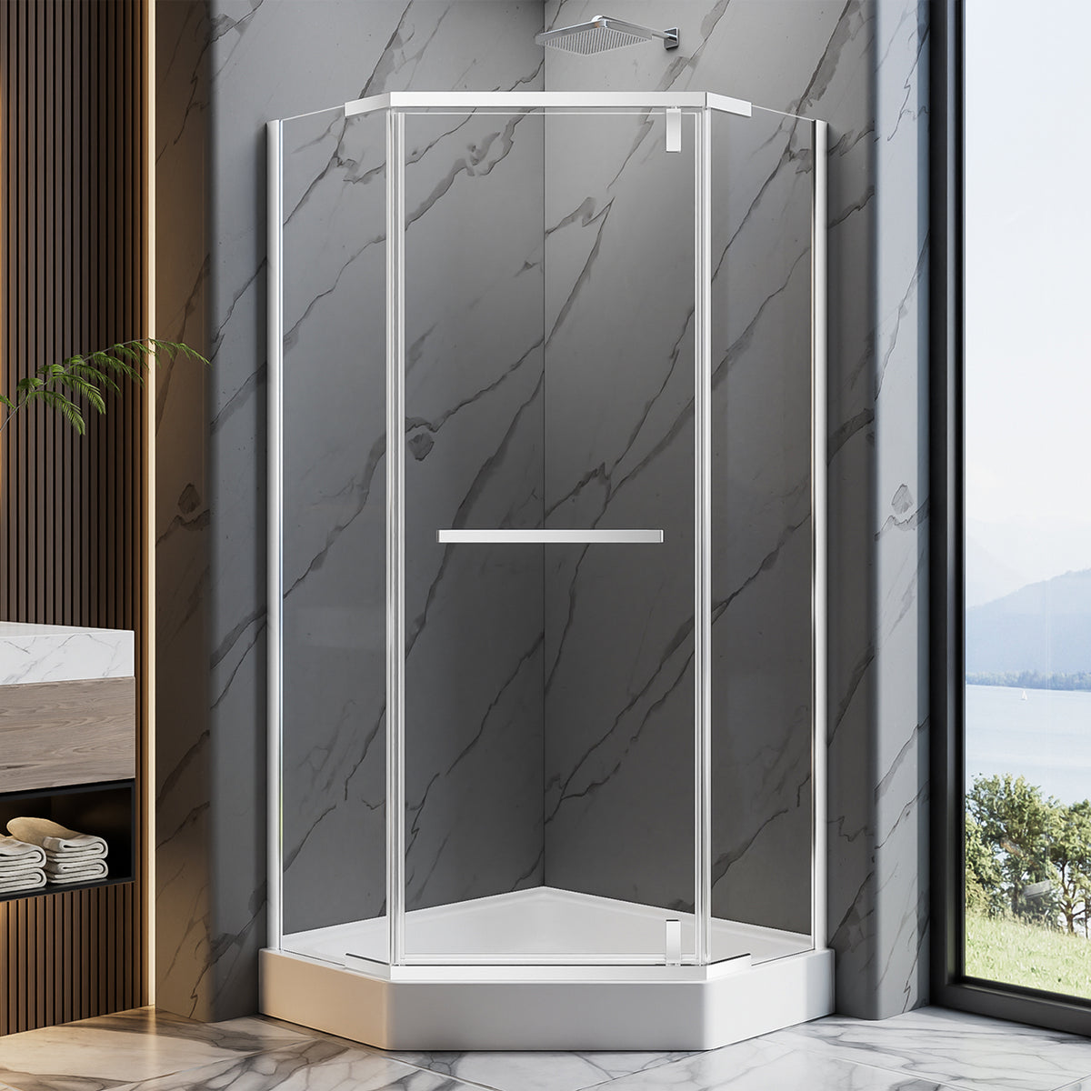 RAINLEX 36 in. x 72 in. Neo-Angle Frameless Shower Door, 1/4 in. Glass