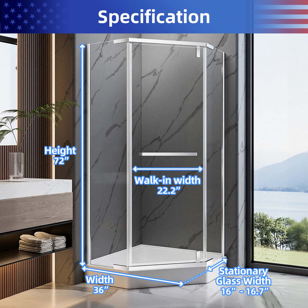 RAINLEX 36 in. x 72 in. Neo-Angle Frameless Shower Door, 1/4 in. Glass