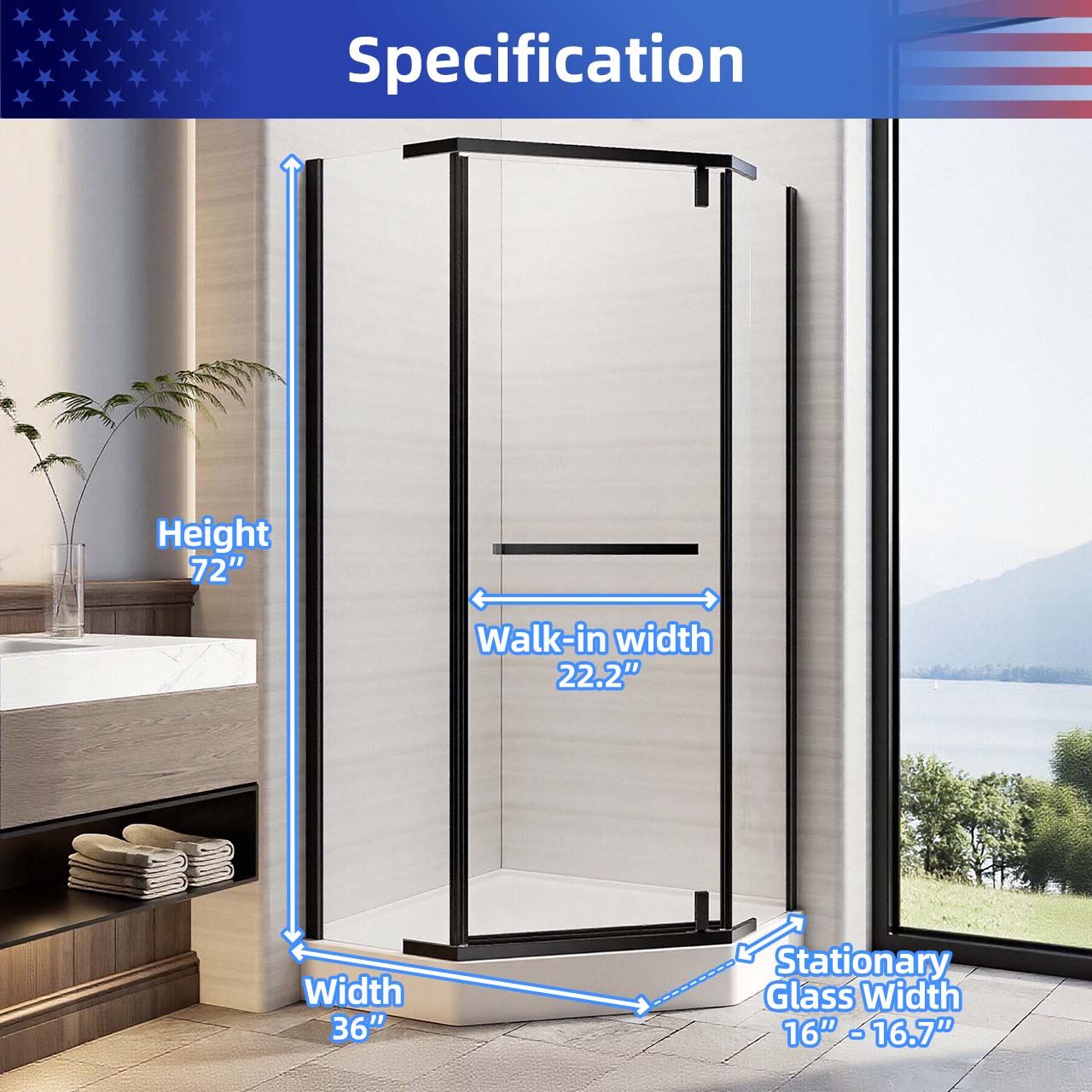 Rainlex 36" x 72" Neo-Angle Frameless Shower Door, 1/4" Tempered Glass