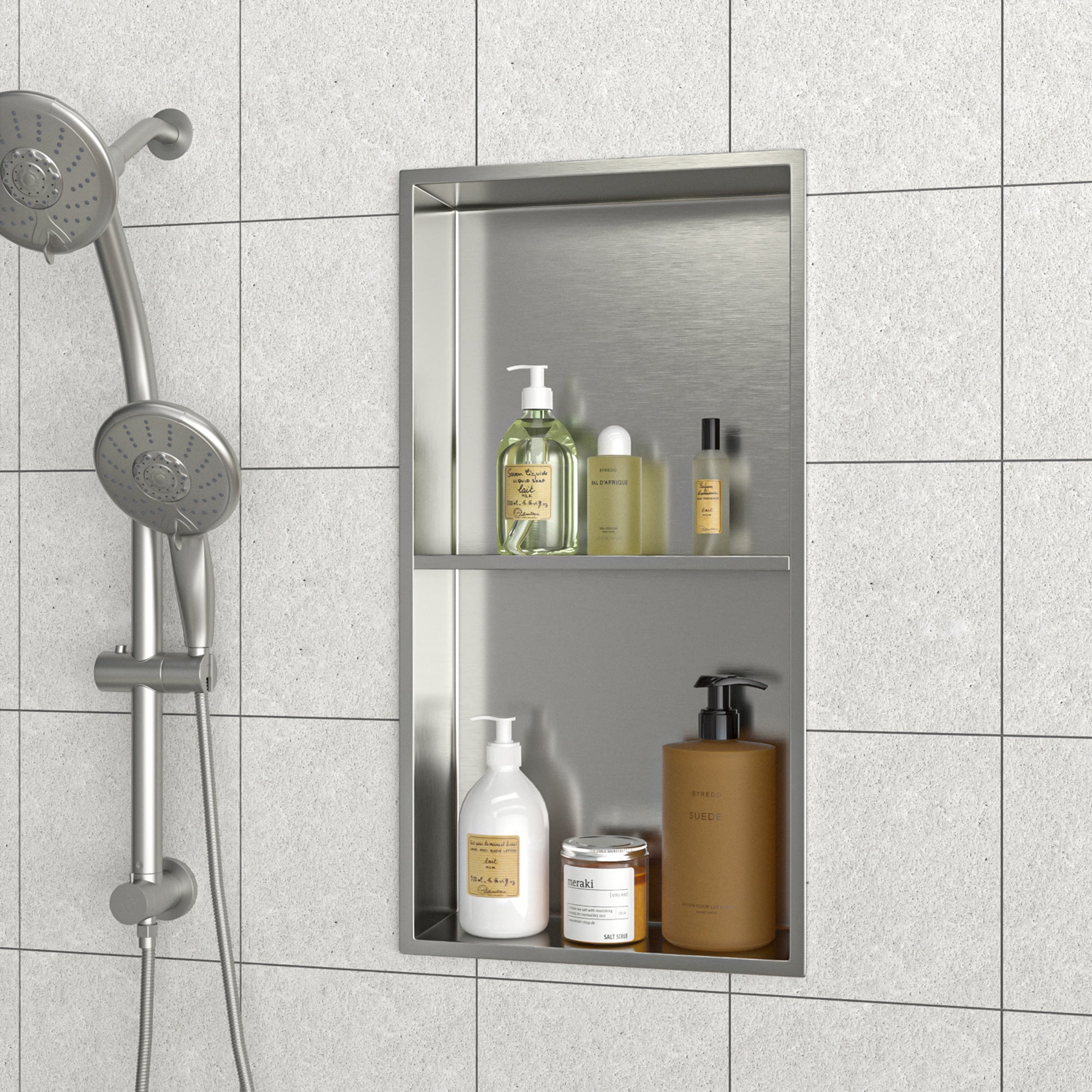13" x 25" Stainless Steel Double Shelf Recessed Shower Niche