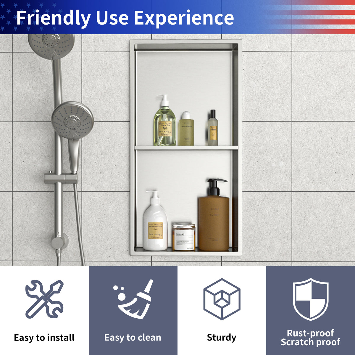RAINLEX 13" x 25" Stainless Steel Double Shelf Recessed Shower Niche