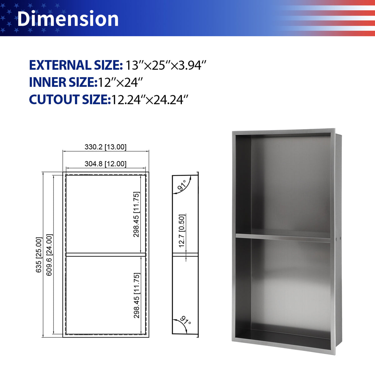 RAINLEX 13" x 25" Stainless Steel Double Shelf Recessed Shower Niche