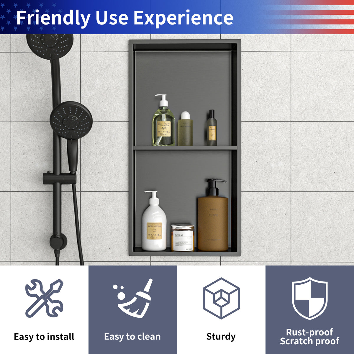 RAINLEX 13" x 25" Stainless Steel Double Shelf Recessed Shower Niche