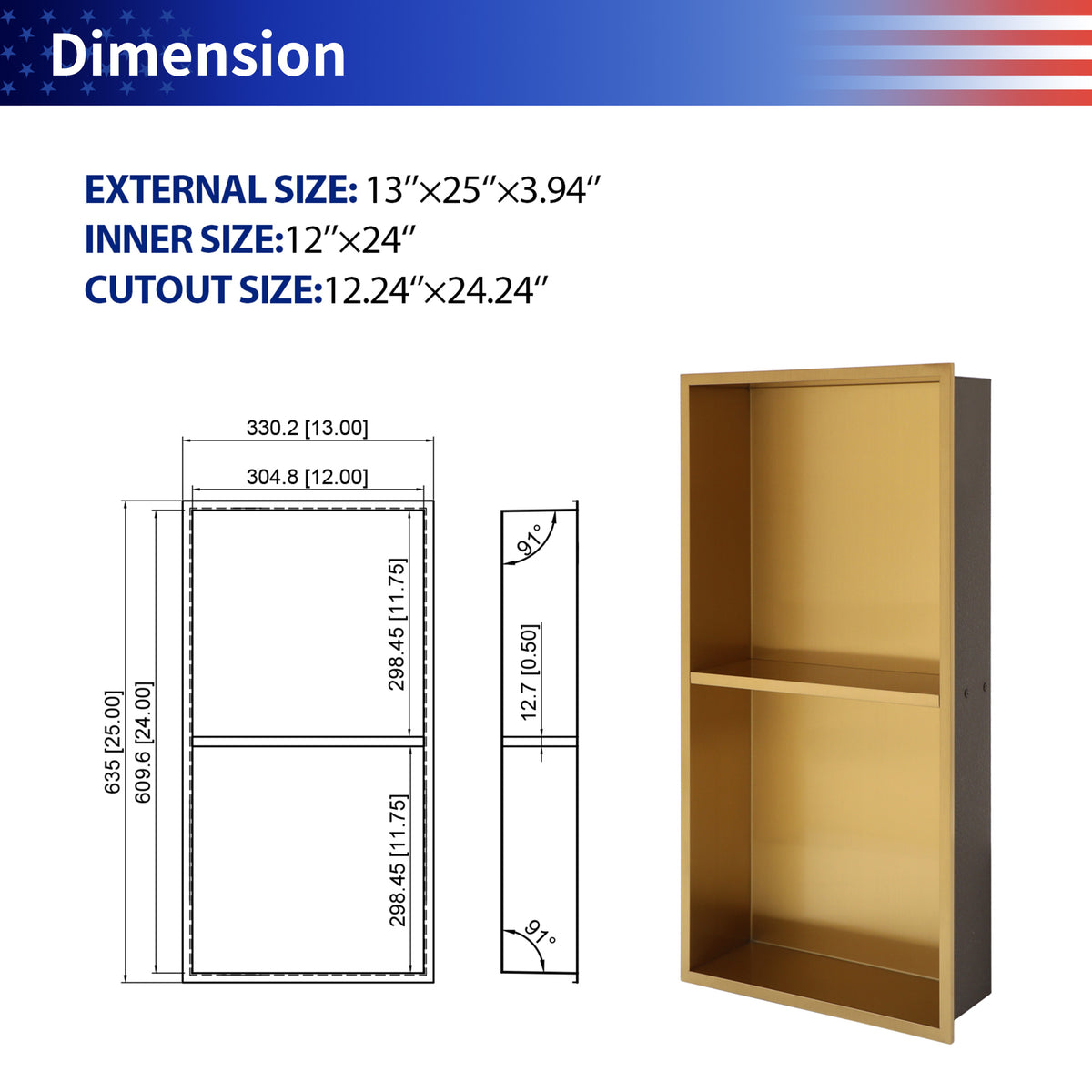 RAINLEX 13" x 25" Stainless Steel Double Shelf Recessed Shower Niche