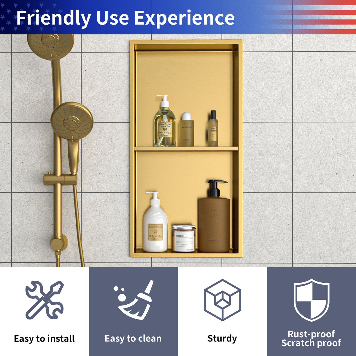 RAINLEX 13" x 25" Stainless Steel Double Shelf Recessed Shower Niche