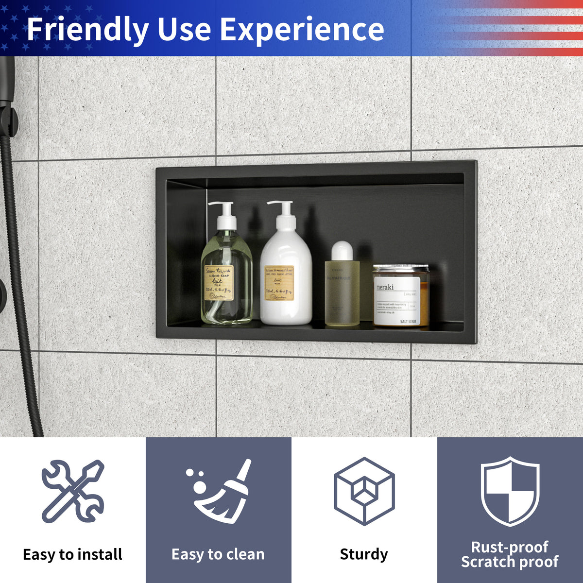 RAINLEX 7" x 13" Stainless Steel Recessed Shower Niche in Gunmetal