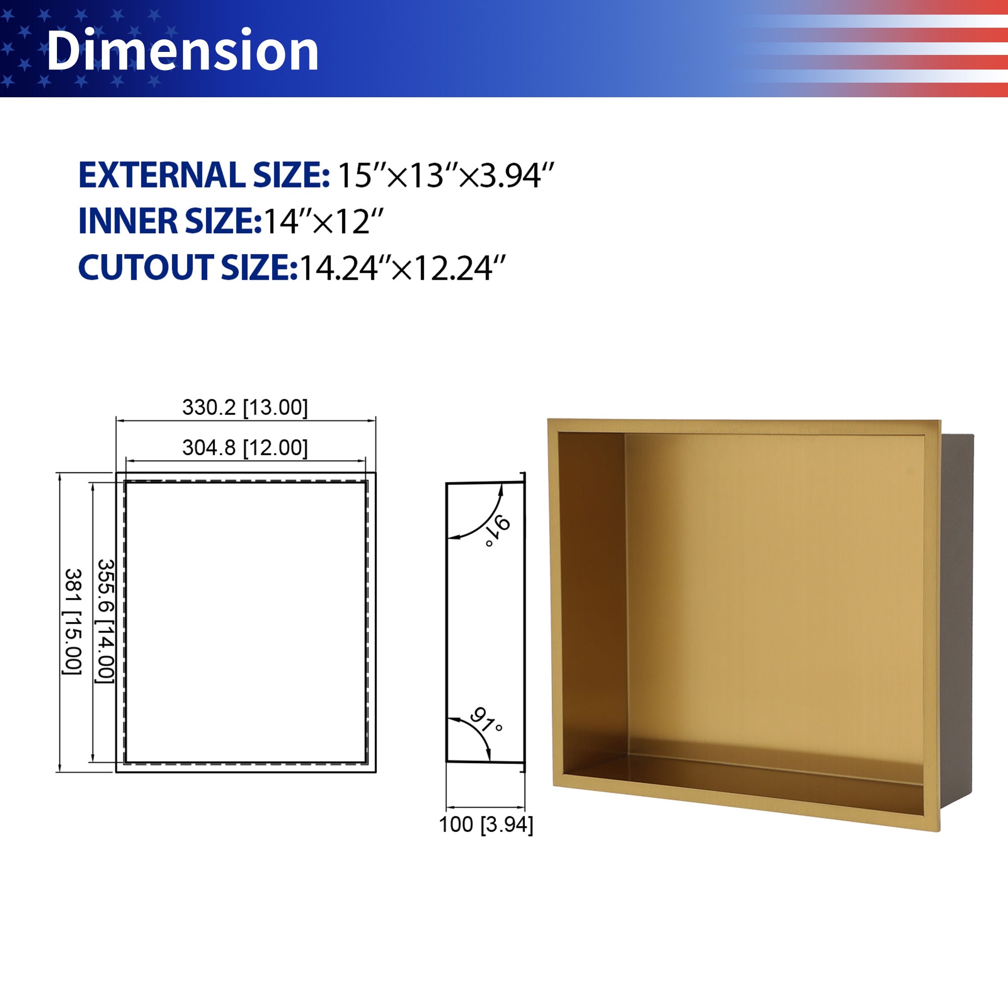 15" W × 13" H Stainless Steel Wall Niche Rectangular Recessed Shower Niche, No Tile Needed RX-SN04