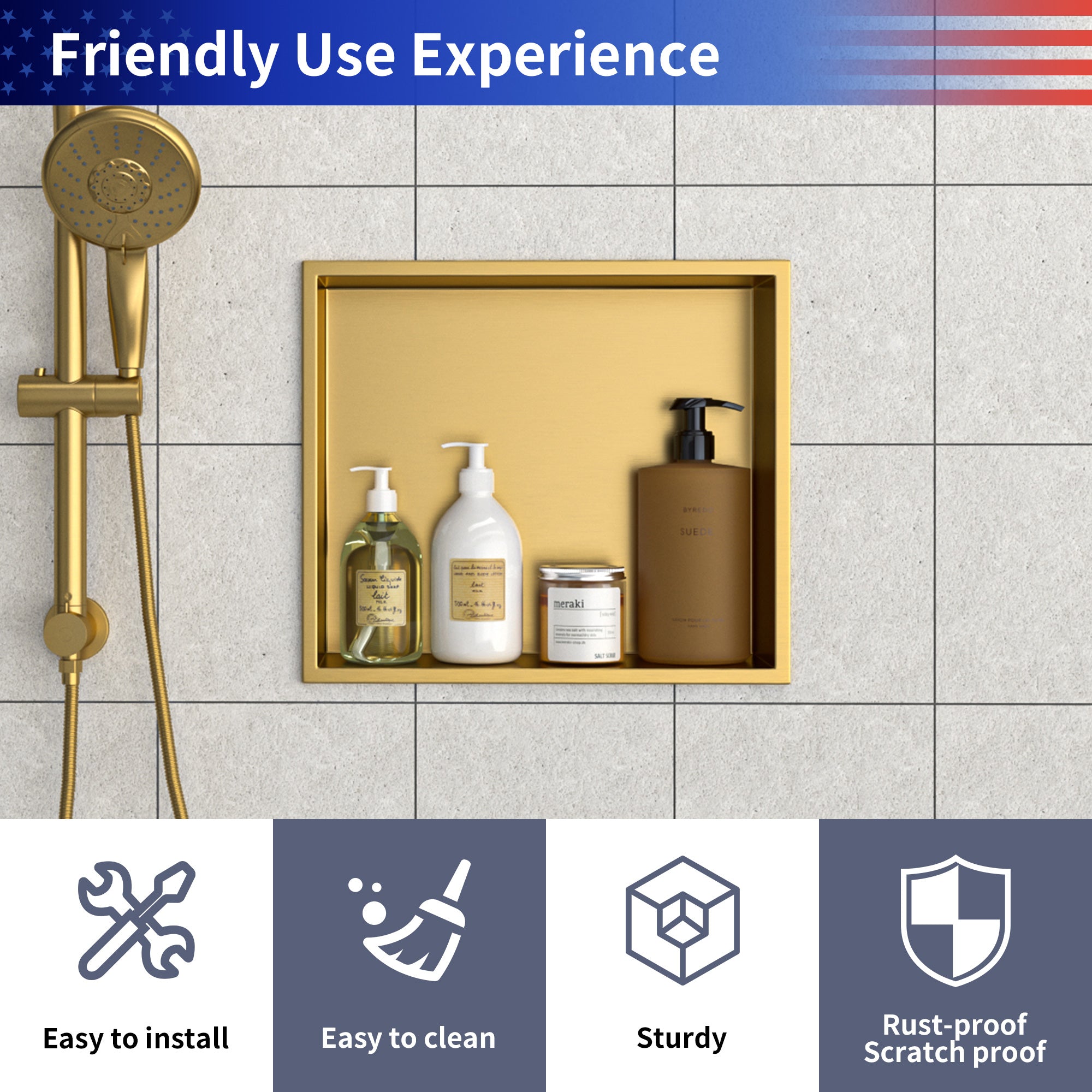 15" W × 13" H Stainless Steel Wall Niche Rectangular Recessed Shower Niche, No Tile Needed RX-SN04