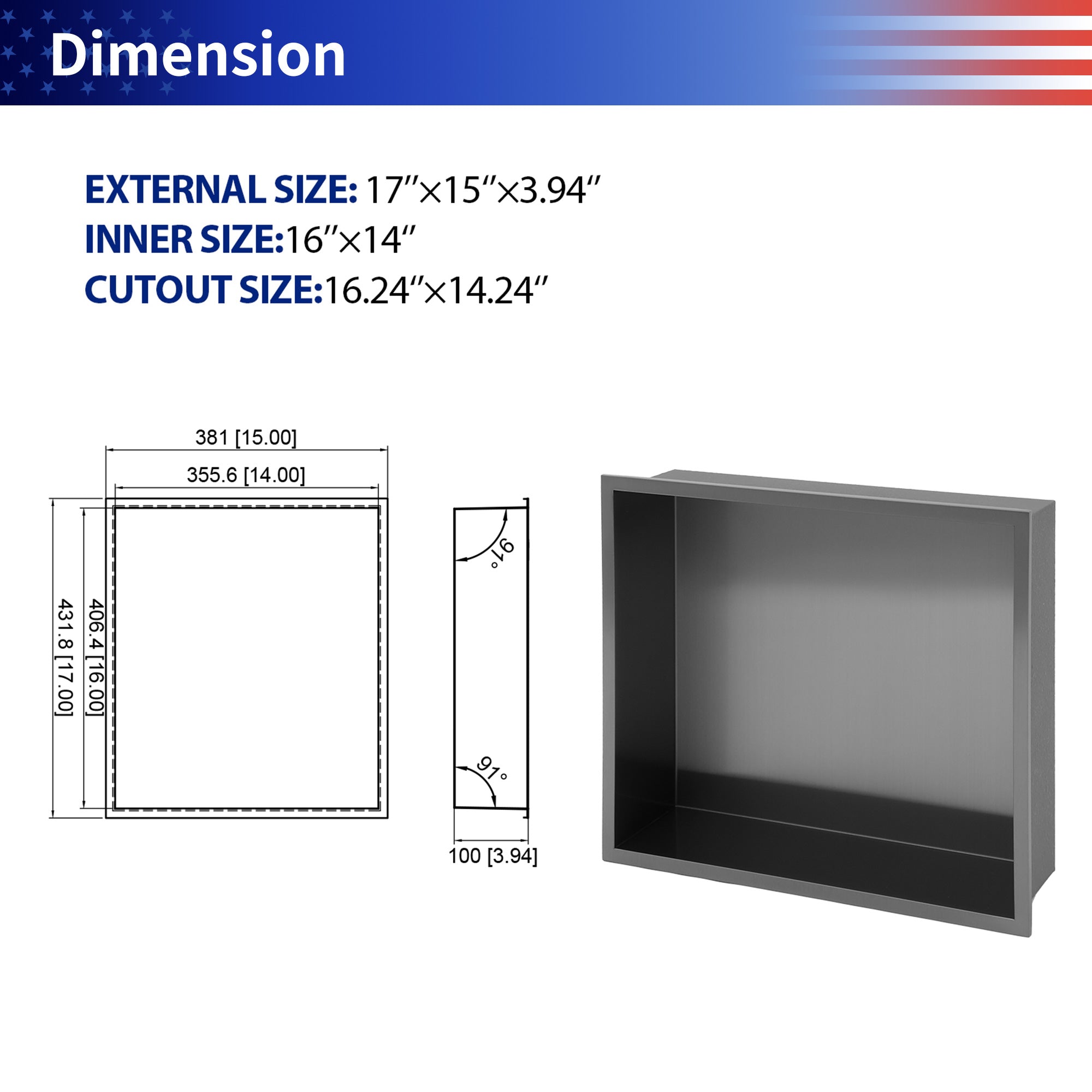 17" x 15" Stainless Steel Recessed Shower Niche, Gunmetal