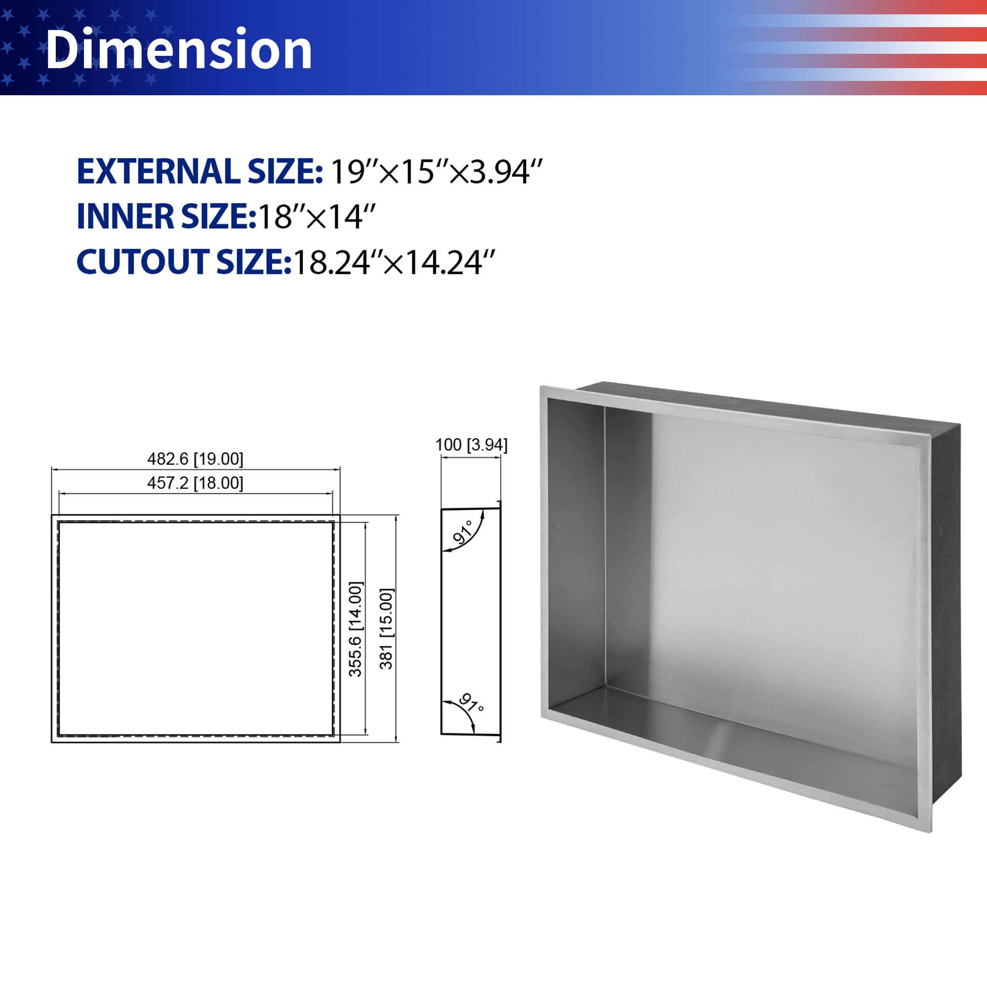 19" x 15" Stainless Steel Recessed Shower Niche