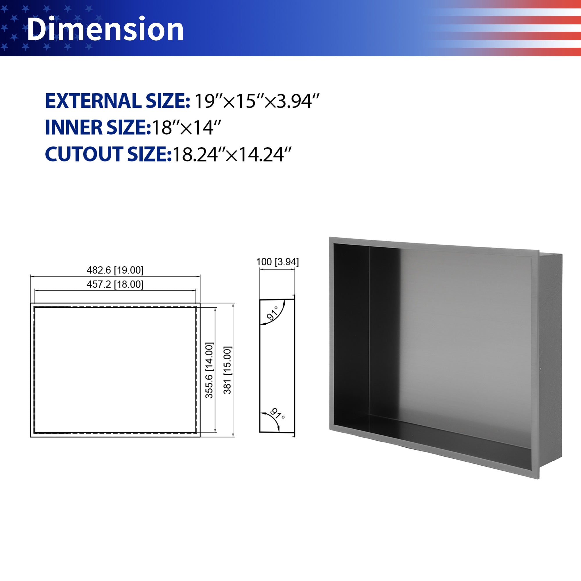 19" x 15" Stainless Steel Recessed Shower Niche