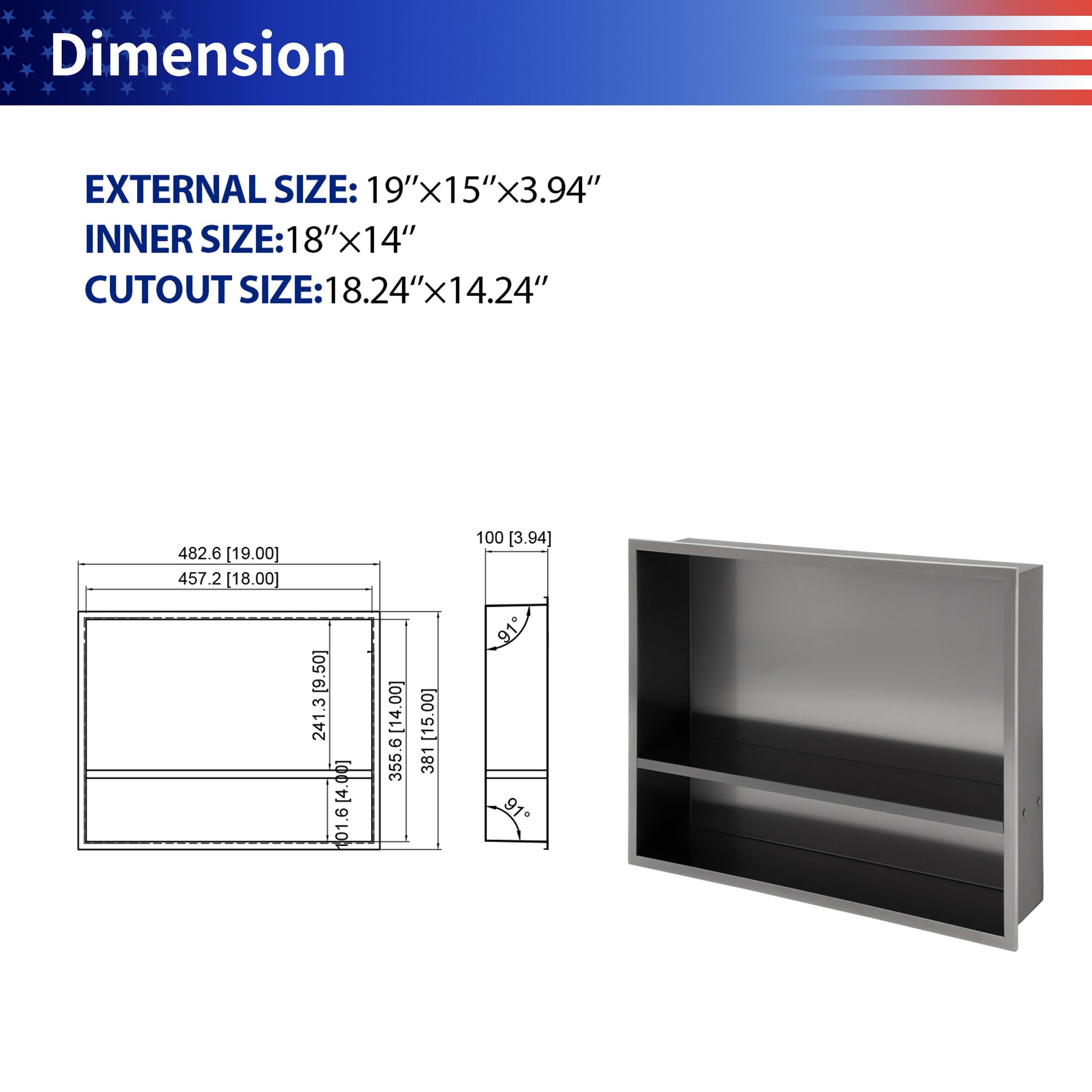19" x 15" Stainless Steel Double Shelf Recessed Shower Niche, Gunmetal