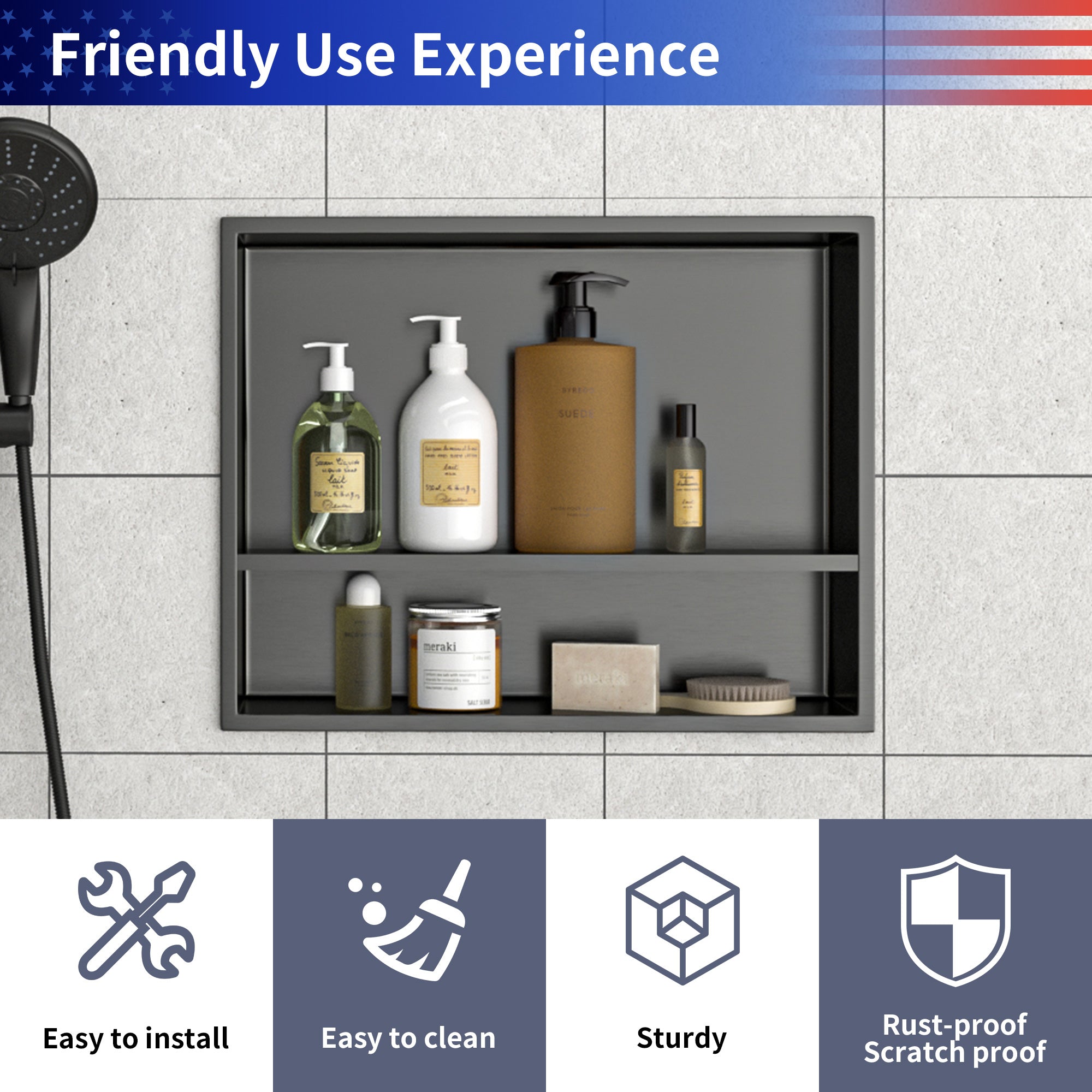 19" x 15" Stainless Steel Double Shelf Recessed Shower Niche, Gunmetal