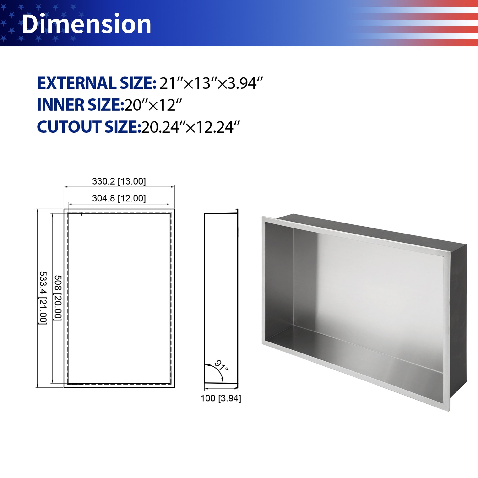 21" x 13" Stainless Steel Recessed Shower Niche