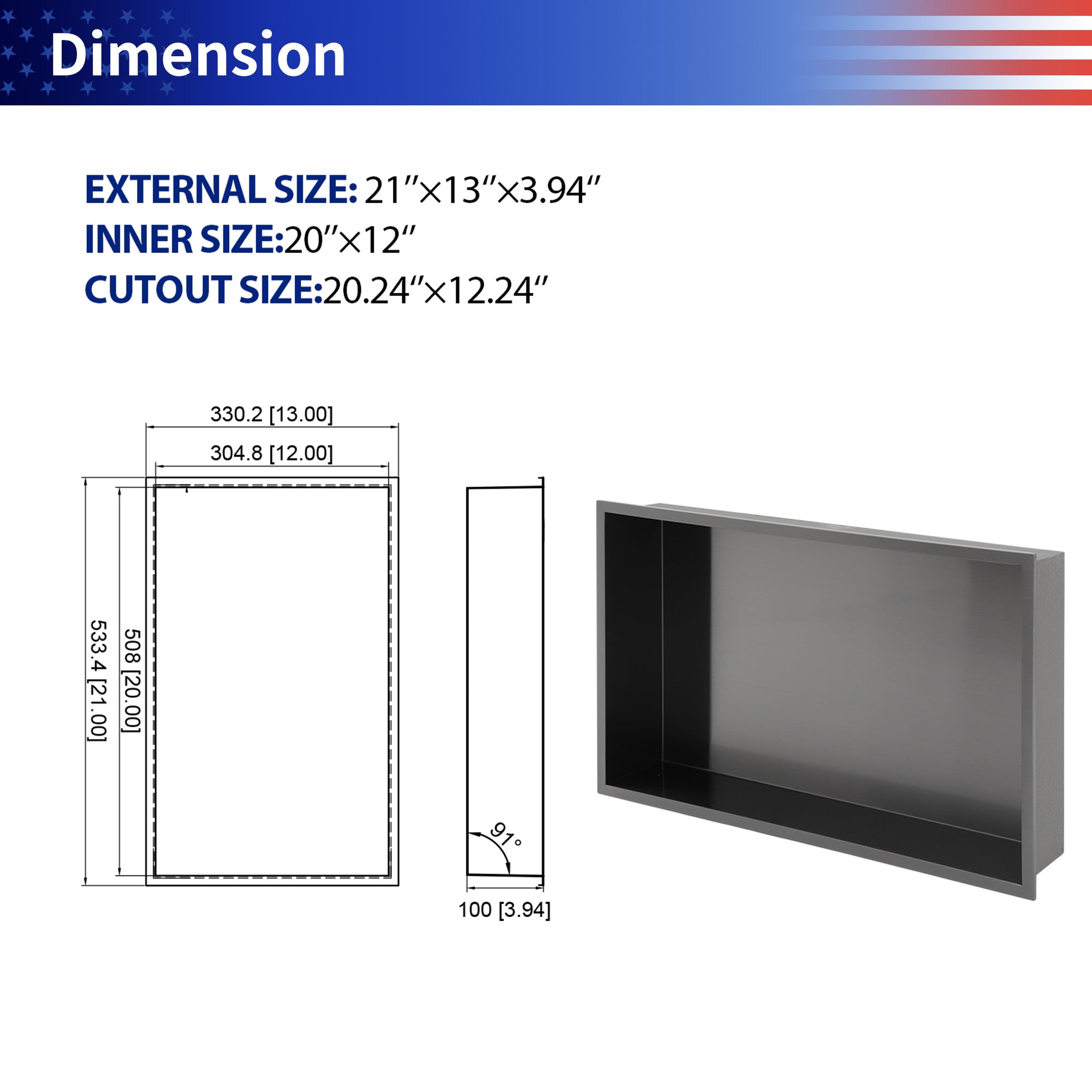 21" x 13" Stainless Steel Recessed Shower Niche
