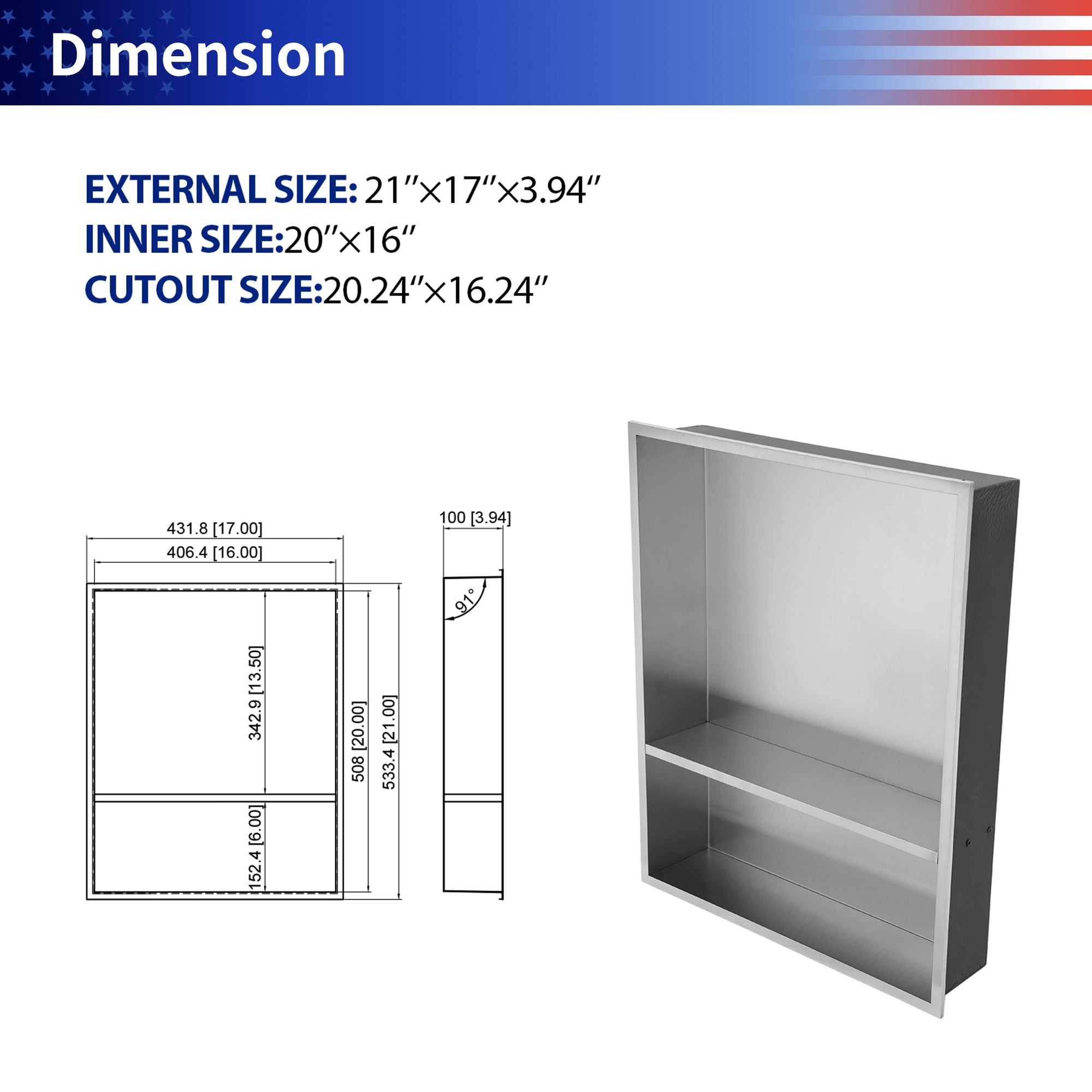 17" x 21" Stainless Steel Double Shelf Recessed Shower Niche