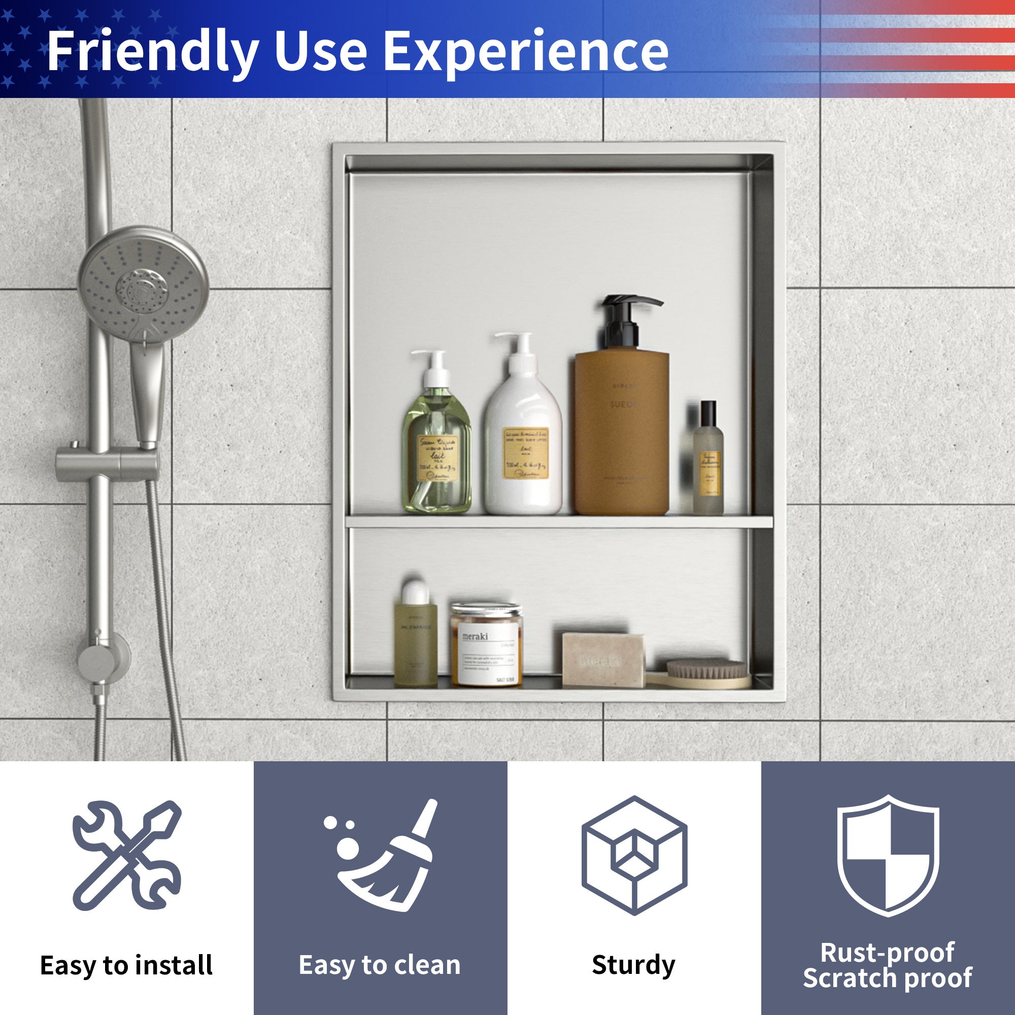 17" x 21" Stainless Steel Double Shelf Recessed Shower Niche