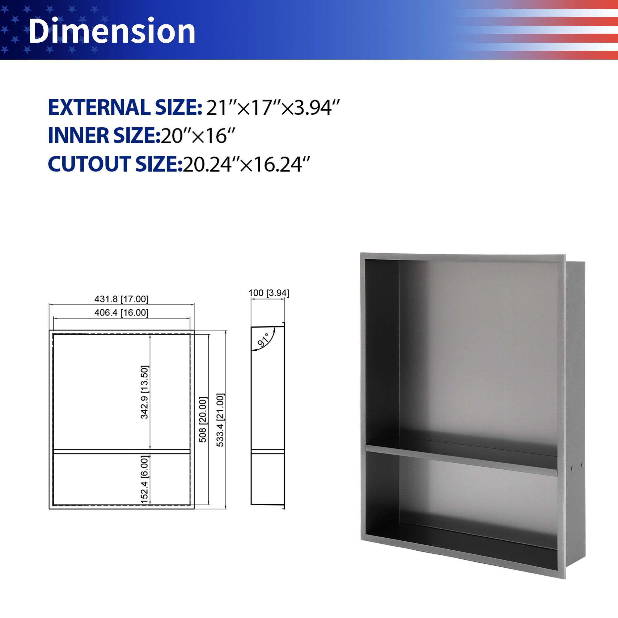 17" x 21" Stainless Steel Double Shelf Recessed Shower Niche