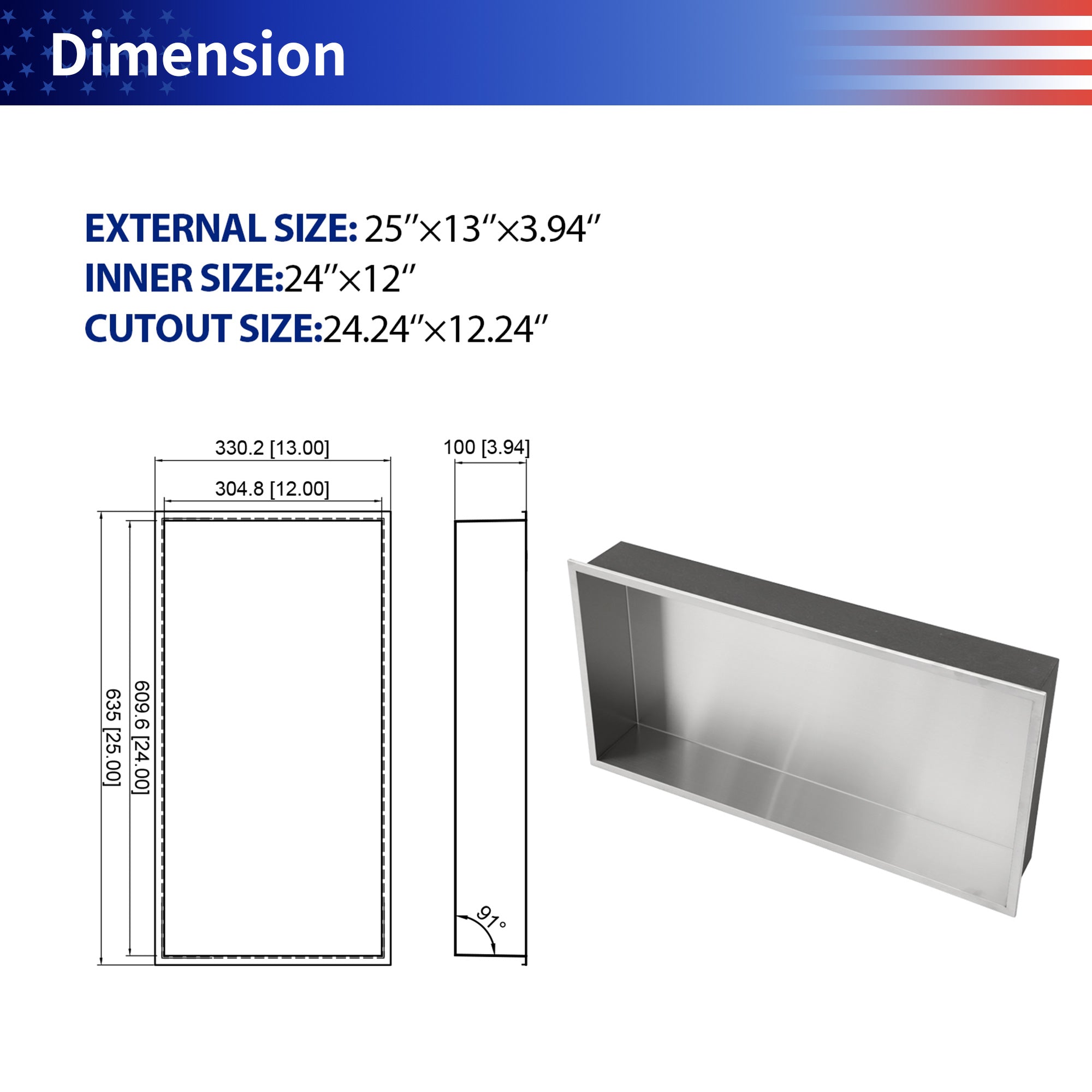 25" x 13" Stainless Steel Recessed Shower Niche