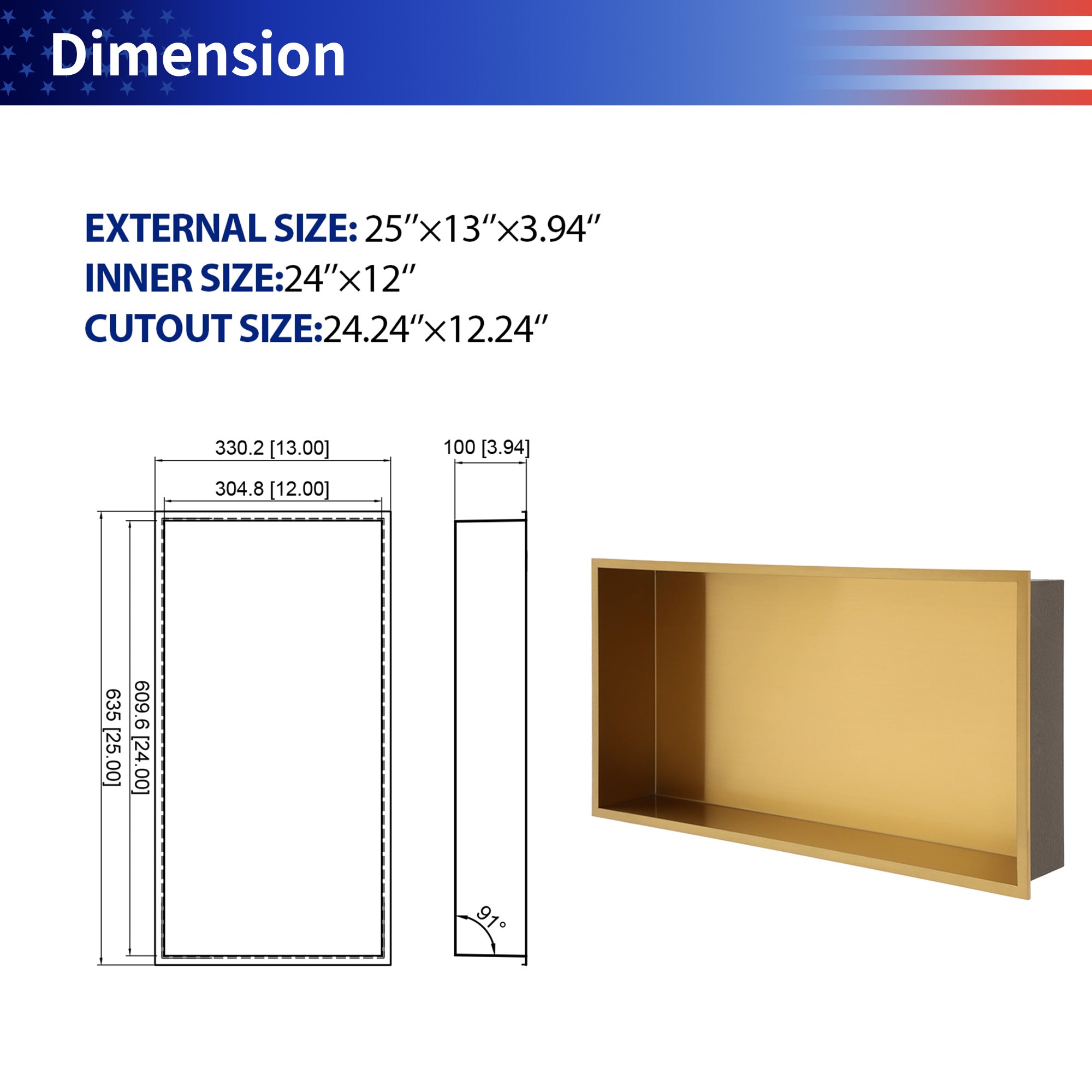 25" x 13" Stainless Steel Recessed Shower Niche