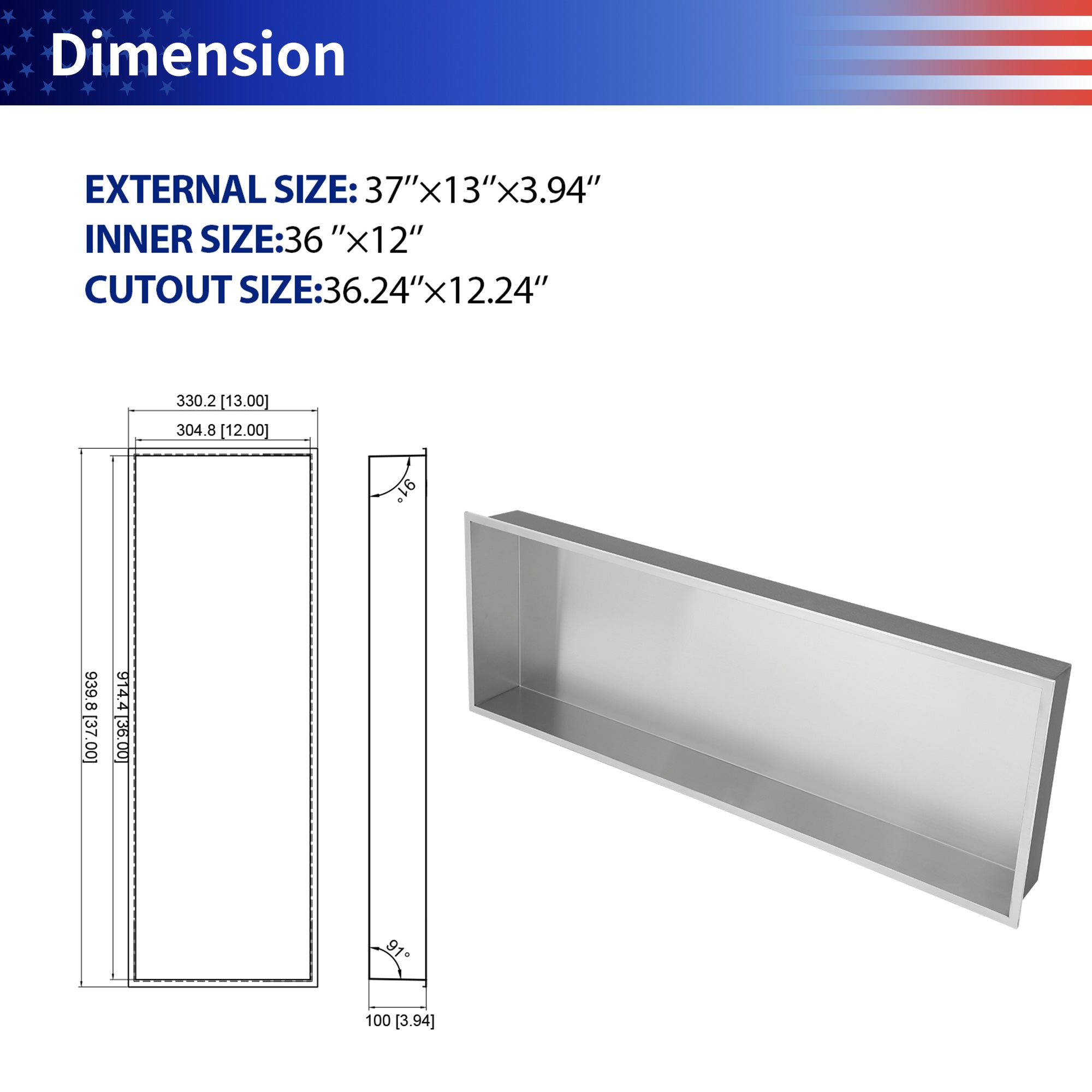 37" x 13" Stainless Steel Recessed Shower Niche