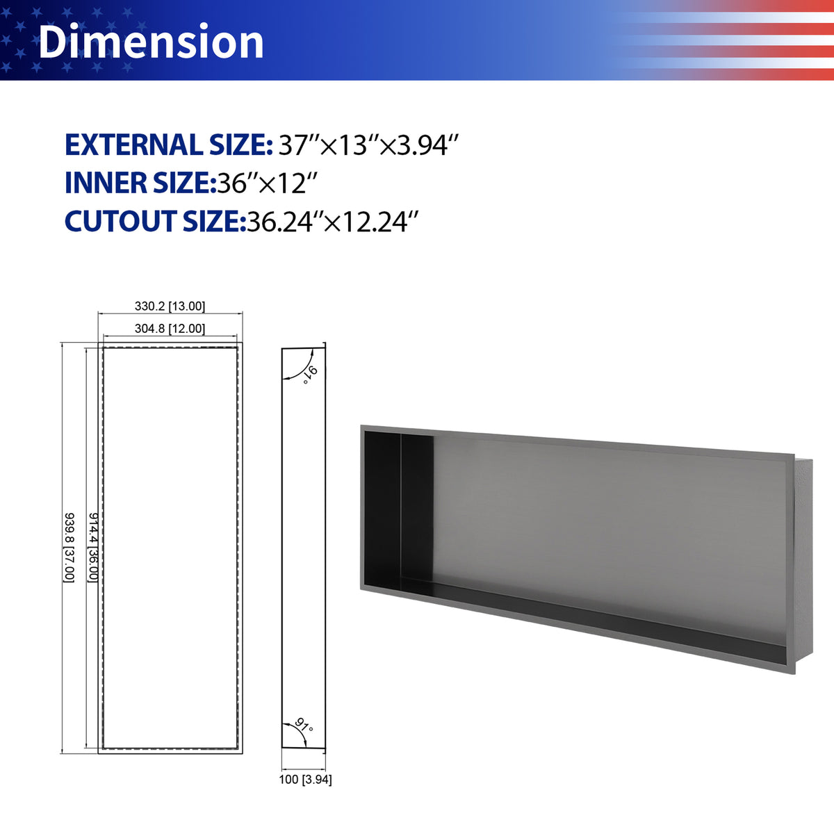 37" x 13" Stainless Steel Recessed Shower Niche