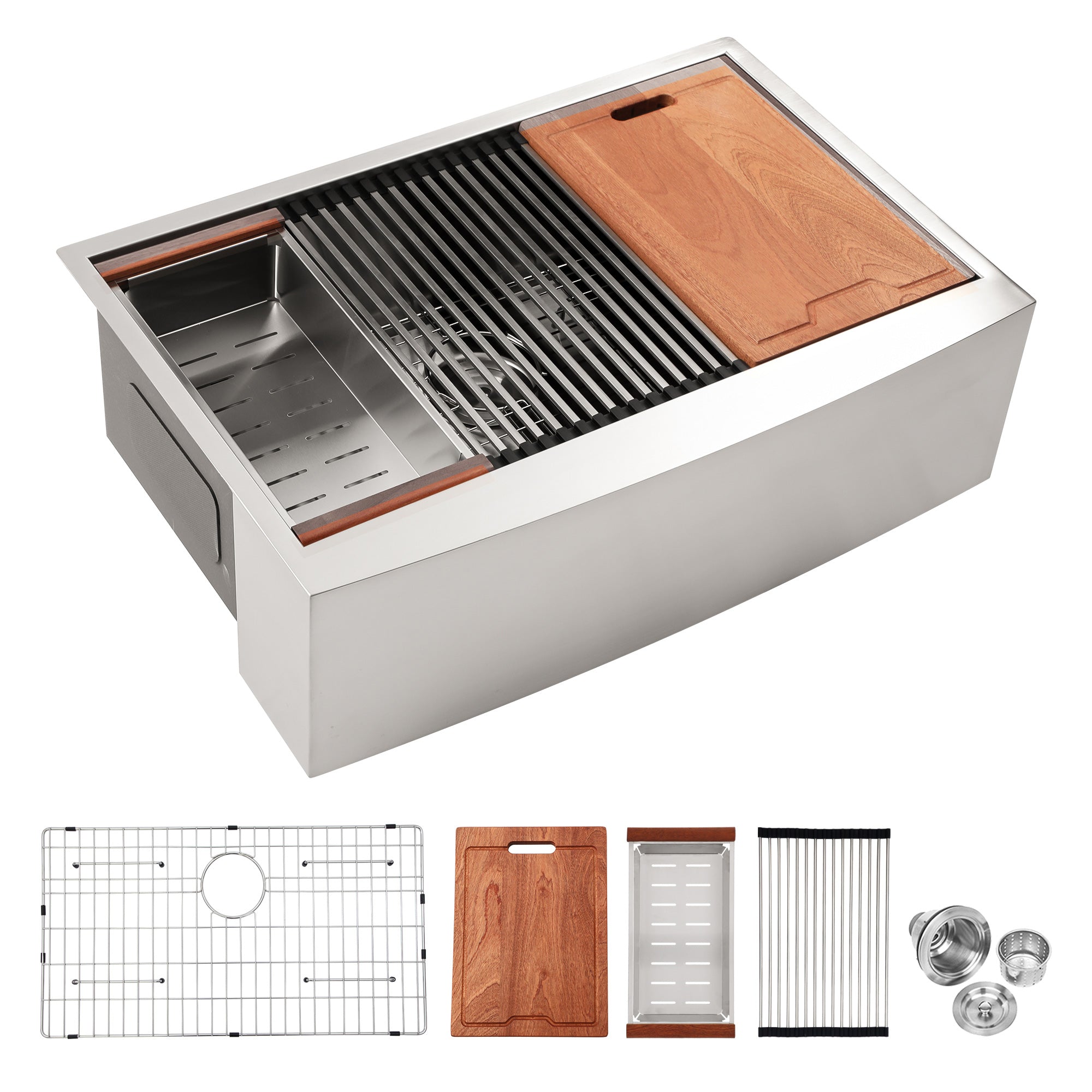Évier de cuisine simple en acier inoxydable avec tablier Farmhouse et poste de travail RX-SS05