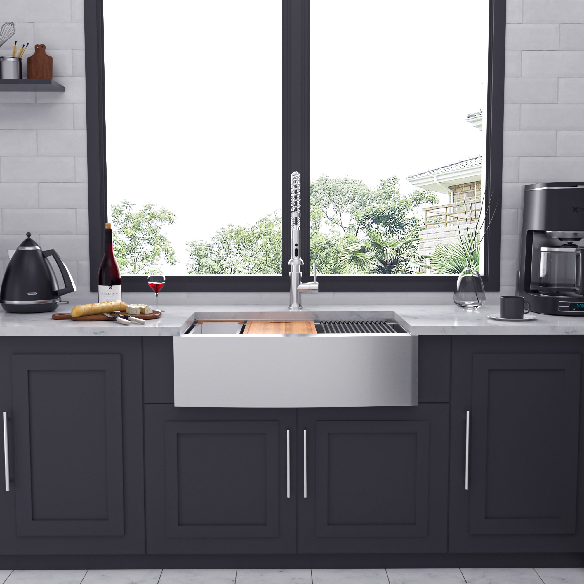 Évier de cuisine simple en acier inoxydable avec tablier Farmhouse et poste de travail RX-SS05