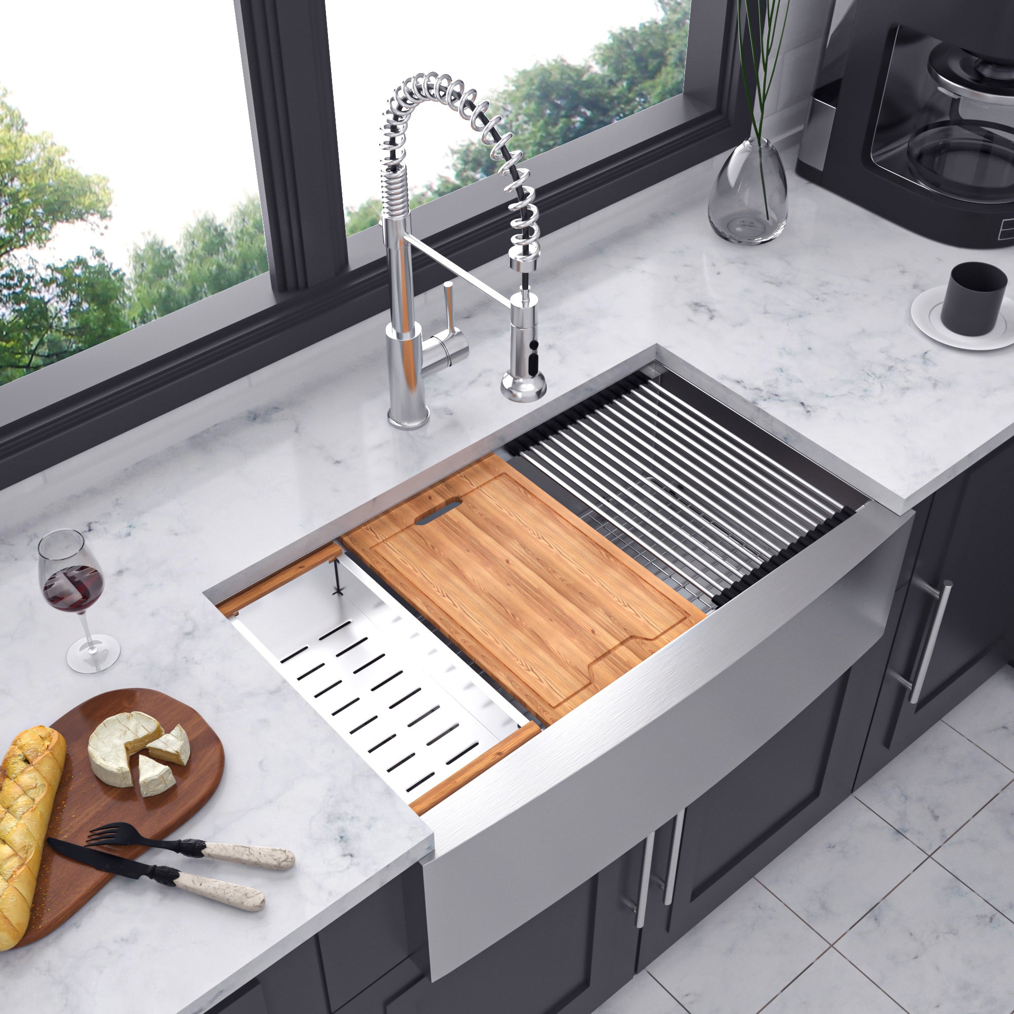 Évier de cuisine simple en acier inoxydable avec tablier Farmhouse et poste de travail RX-SS05