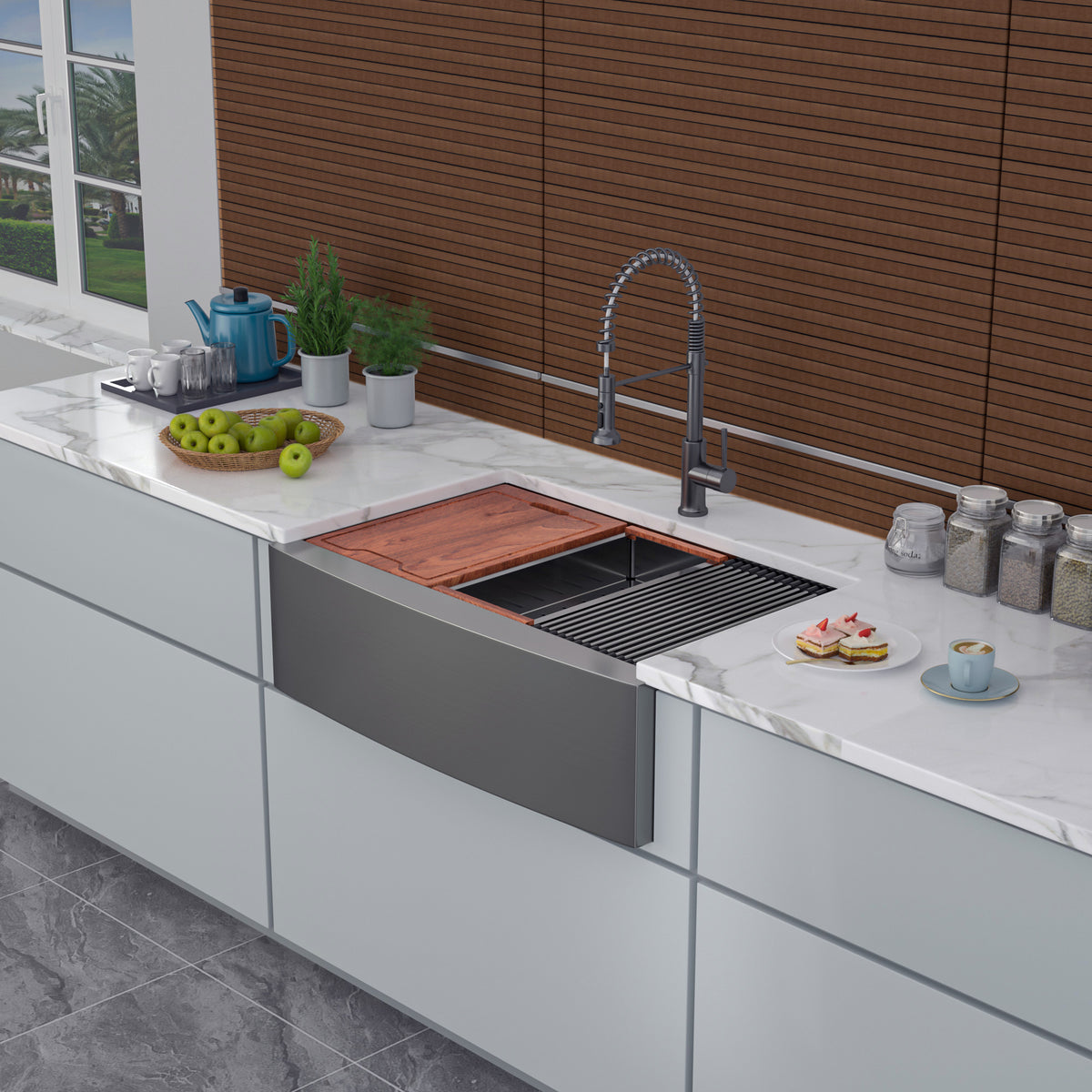 RAINLEX Farmhouse Apron-Front Single Bowl Workstation Sink in Stainless Steel (SS06)